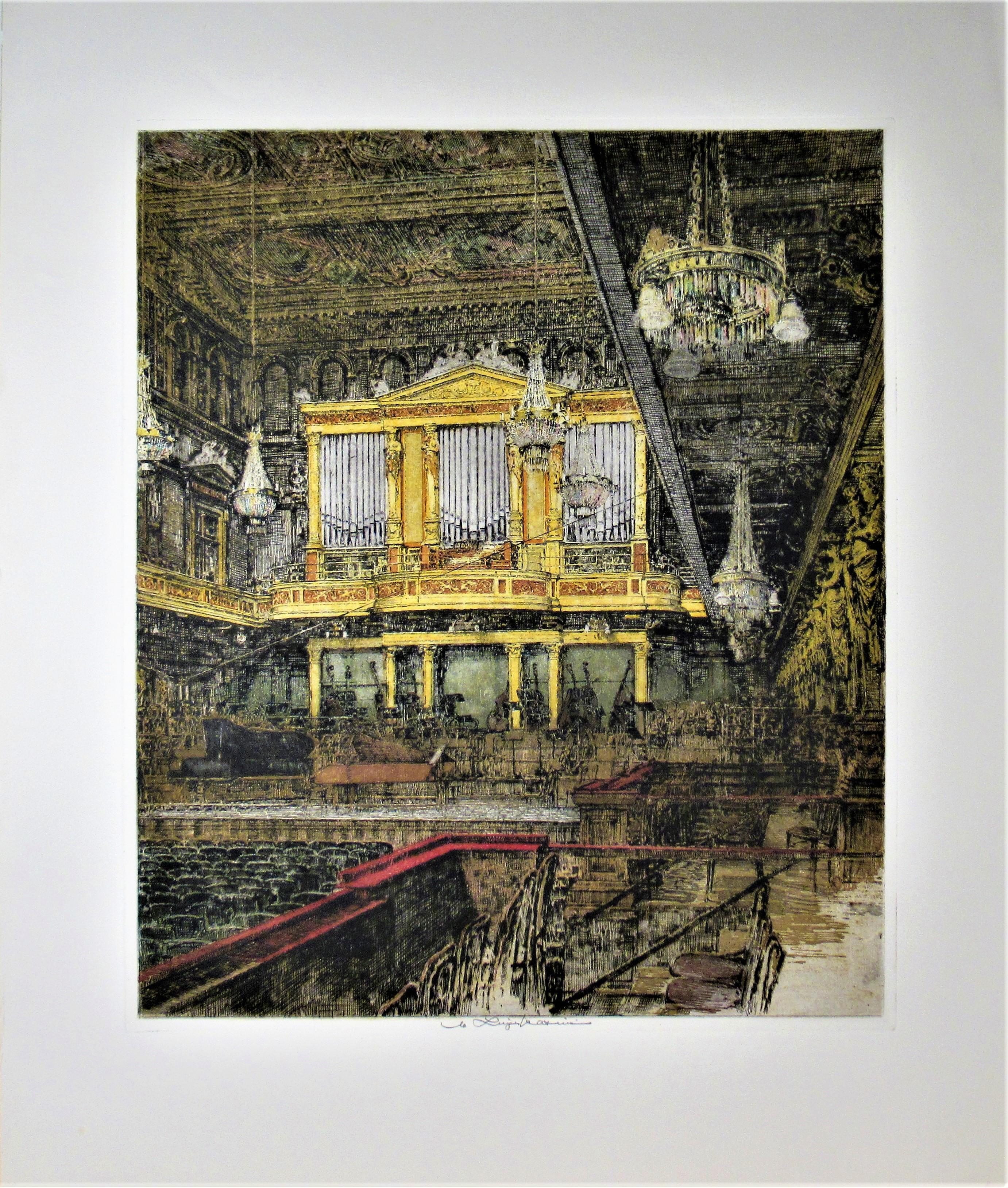 Luigi Kasimir Figurative Print - Vienna Concert Hall, Austria, large color etching