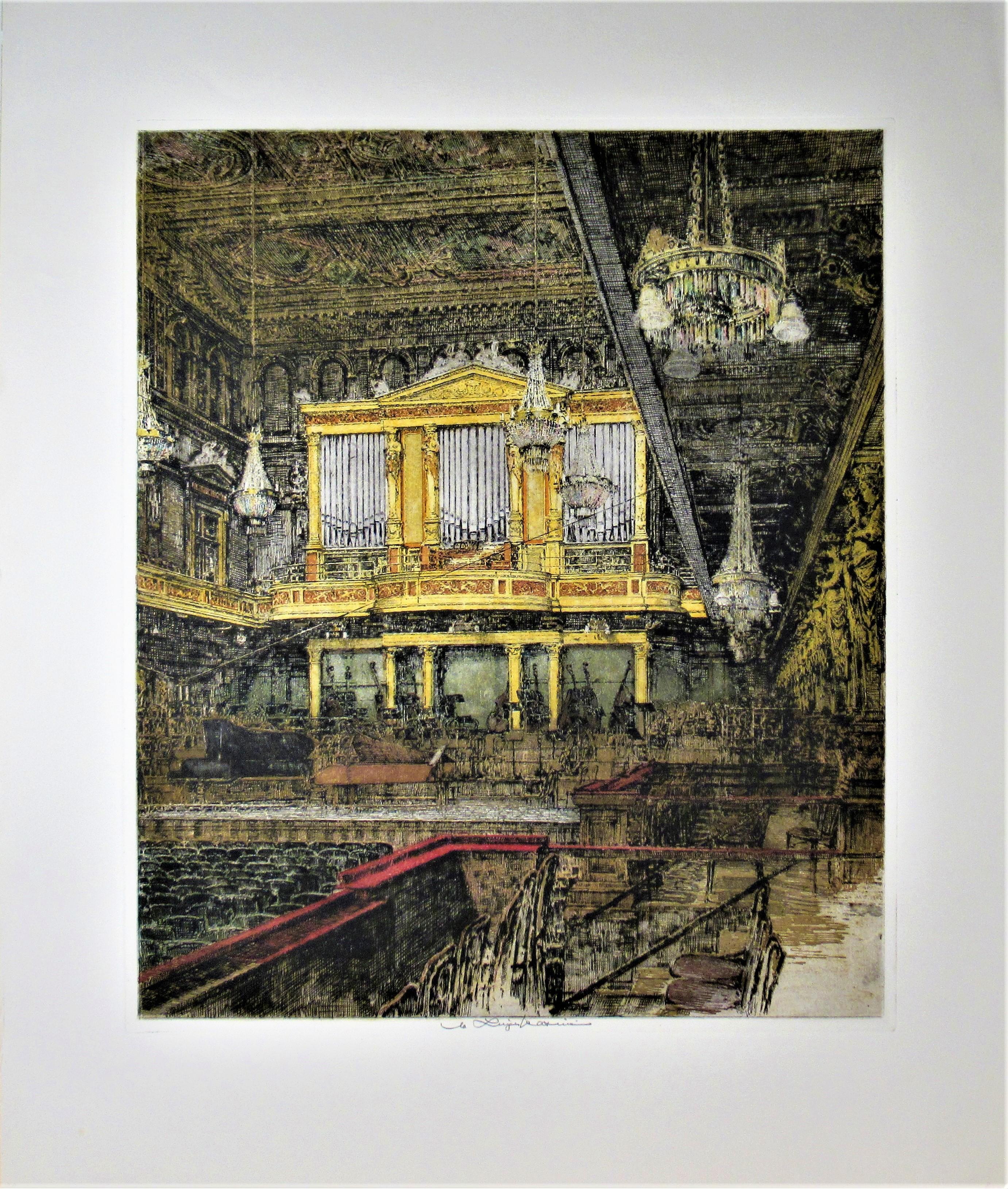 Figurative Print di Luigi Kasimir - Vienna Concert Hall, Austria, incisione a colori di grandi dimensioni