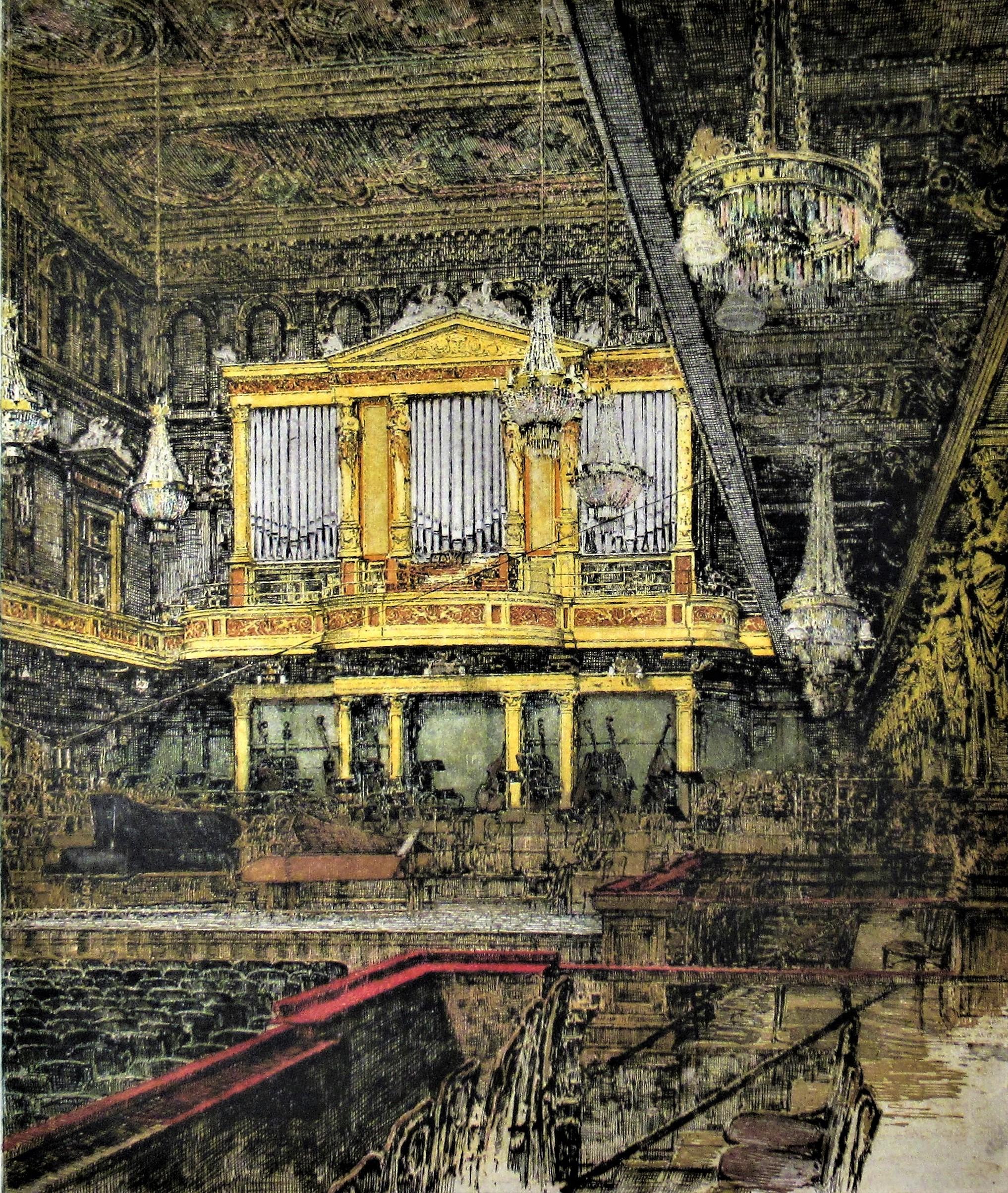 Vienna Concert Hall, Austria, large color etching - Print by Luigi Kasimir