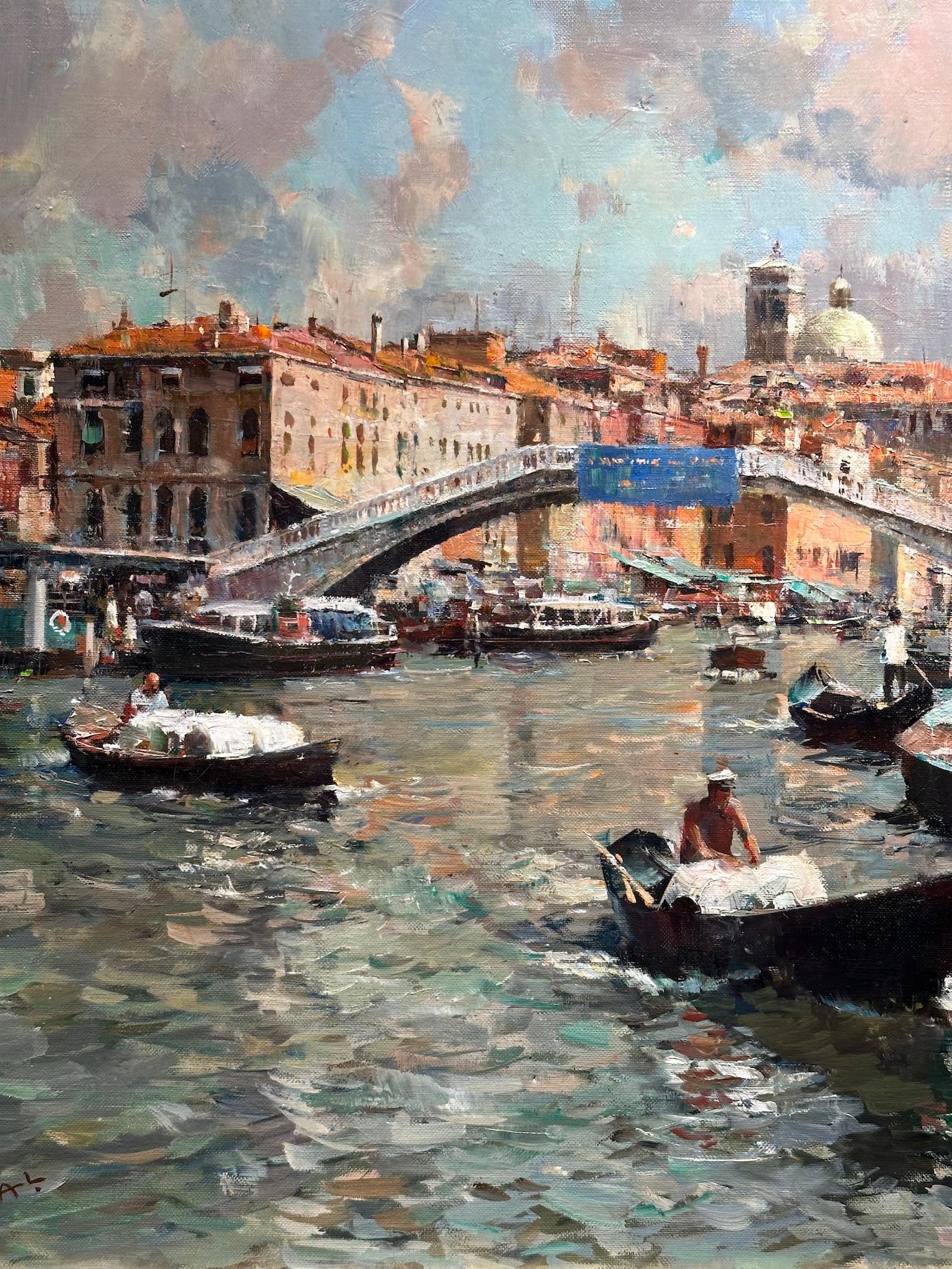Vue vénitienne du 20e siècle du Grand Canal, par le pont Ponte degli Scalzi - Marron Landscape Painting par Luigi Lanza