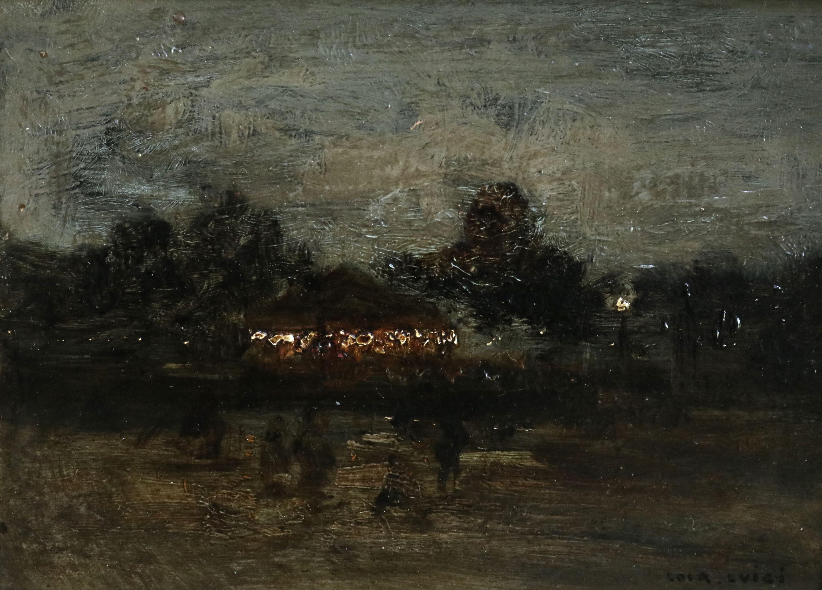 Caroussel la Nuit - Paris - 19th Century Oil, Figures in Landscape by Luigi Loir 1