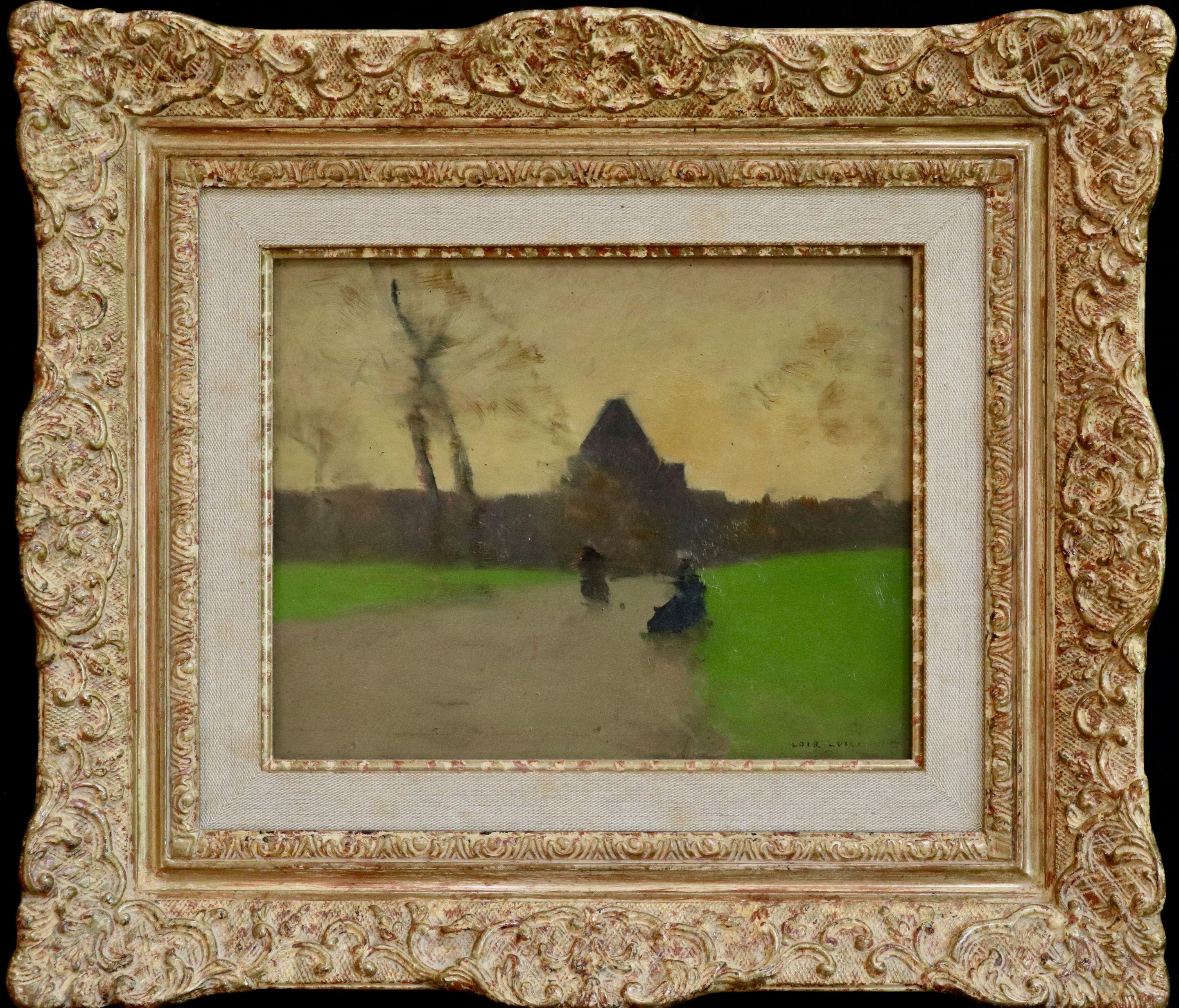 Oil on canvas circa 1890 by Luigi Loir depicting two figures on a path in front of a village at sunset. Signed lower right. Framed dimensions are 13.5 inches high by 15.5 inches wide.

Luigi Loir enrolled at the school of fine arts in Parma in 1853.