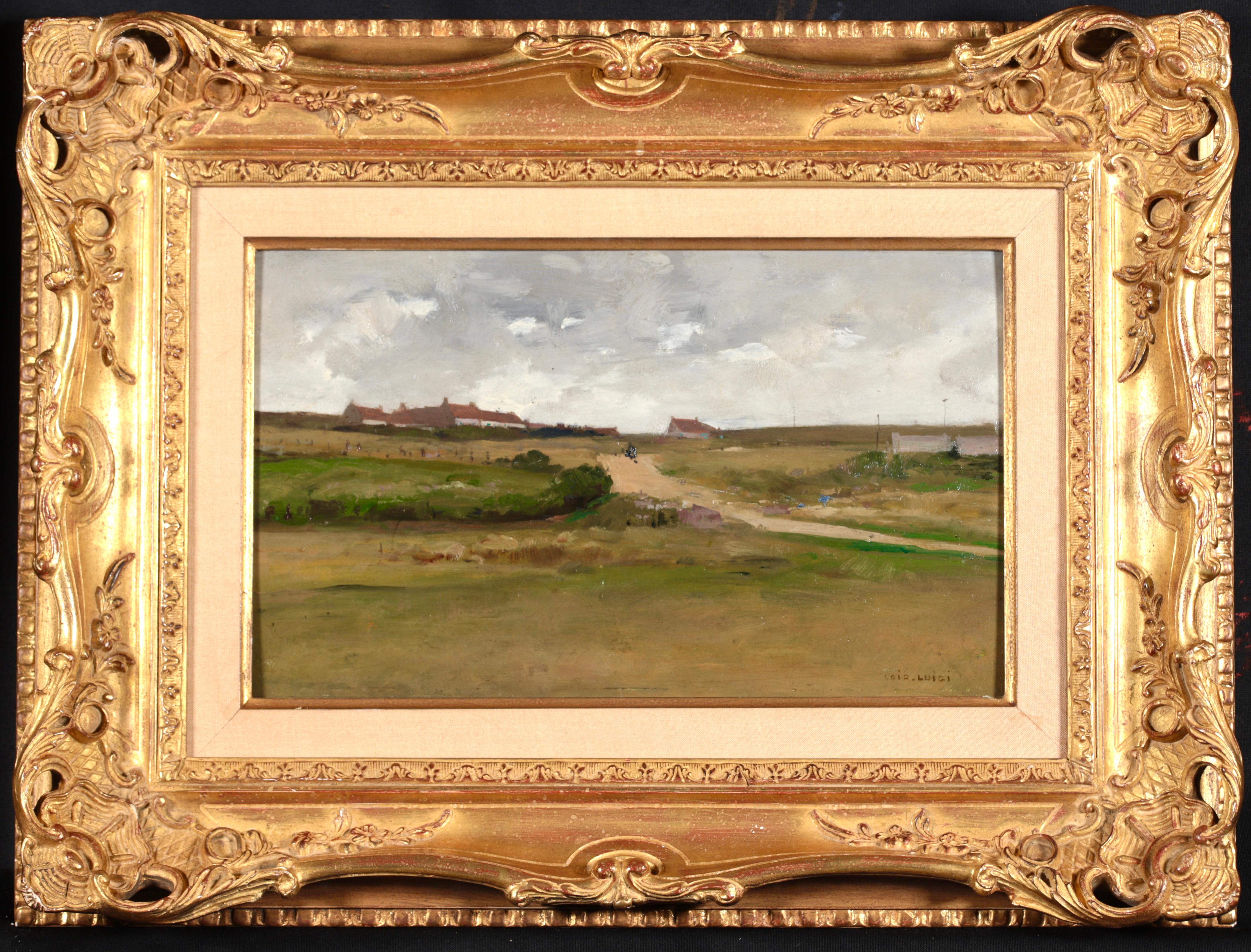 Signed impressionist landscape oil on board circa 1910 by French painter Luigi Loir. The work depicts a view of Cayeux-Sur-Mer, a resort in northern France. A path runs through a rural landscape leading up to the buildings of the outskirts of the