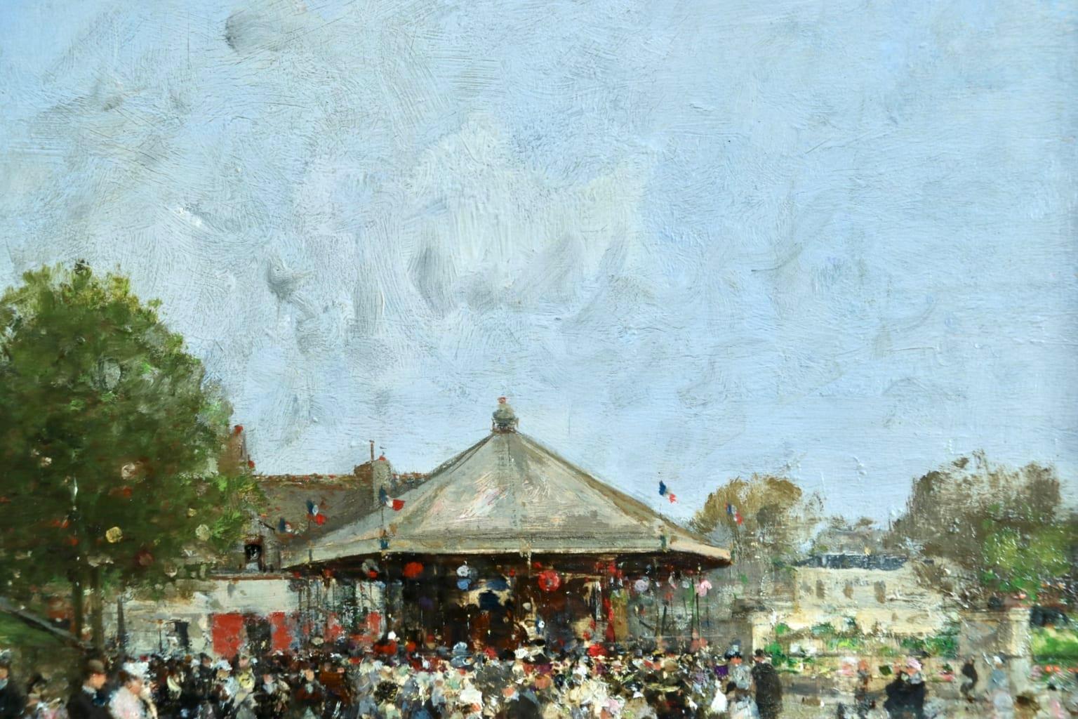 A wonderful oil on panel circa 1890 by French impressionist painter Luigi Loir depicting families enjoying a day at a fairground in Paris. Signed lower right.

Dimensions:
Framed: 20
