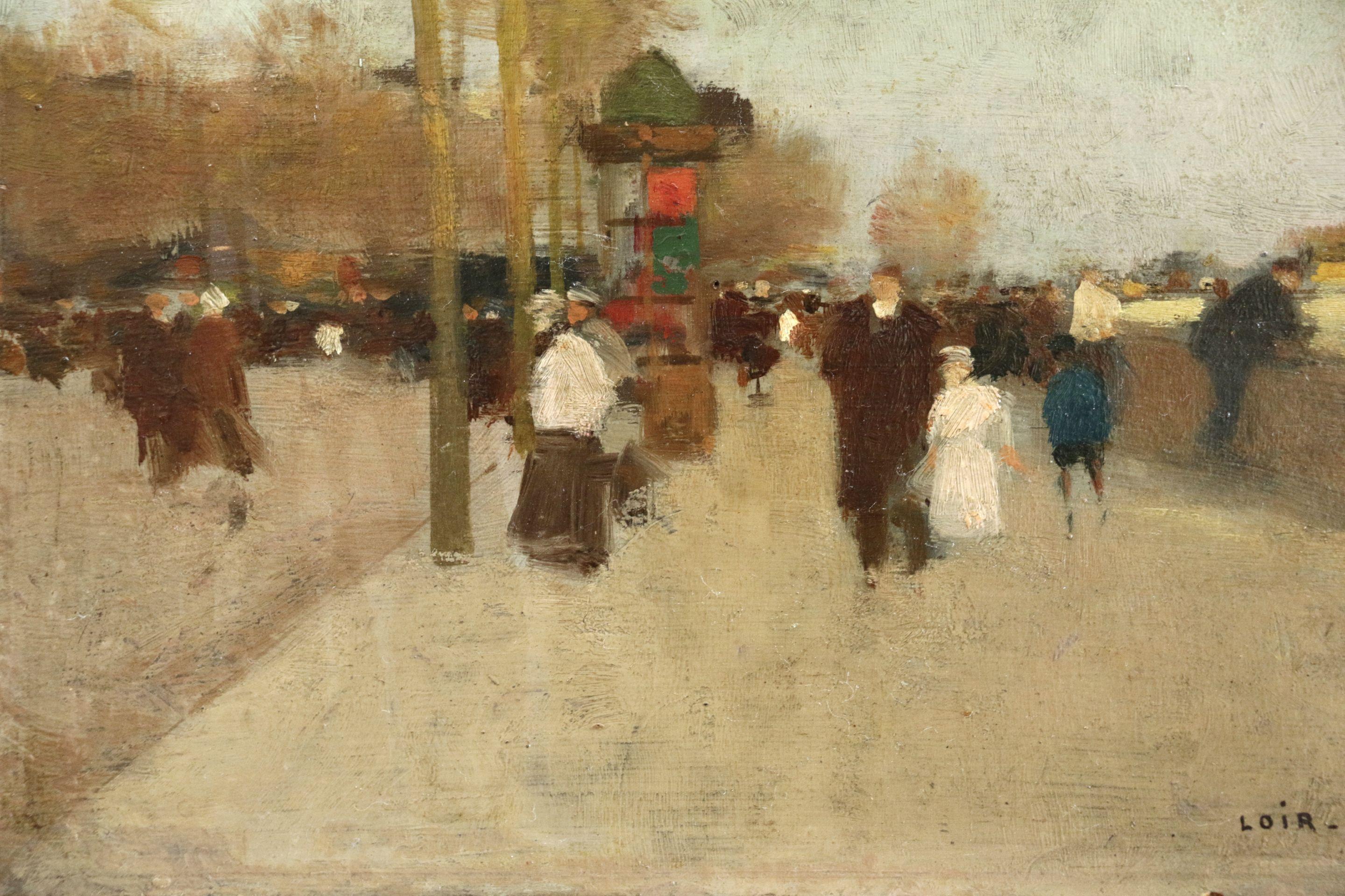 Oil on board circa 1880 by Luigi Loir depicting figures beside the river Seine in Paris. Signed lower right.

Luigi Loir enrolled at the school of fine arts in Parma in 1853. Ten years later he went to Paris and worked in the studio of the painter