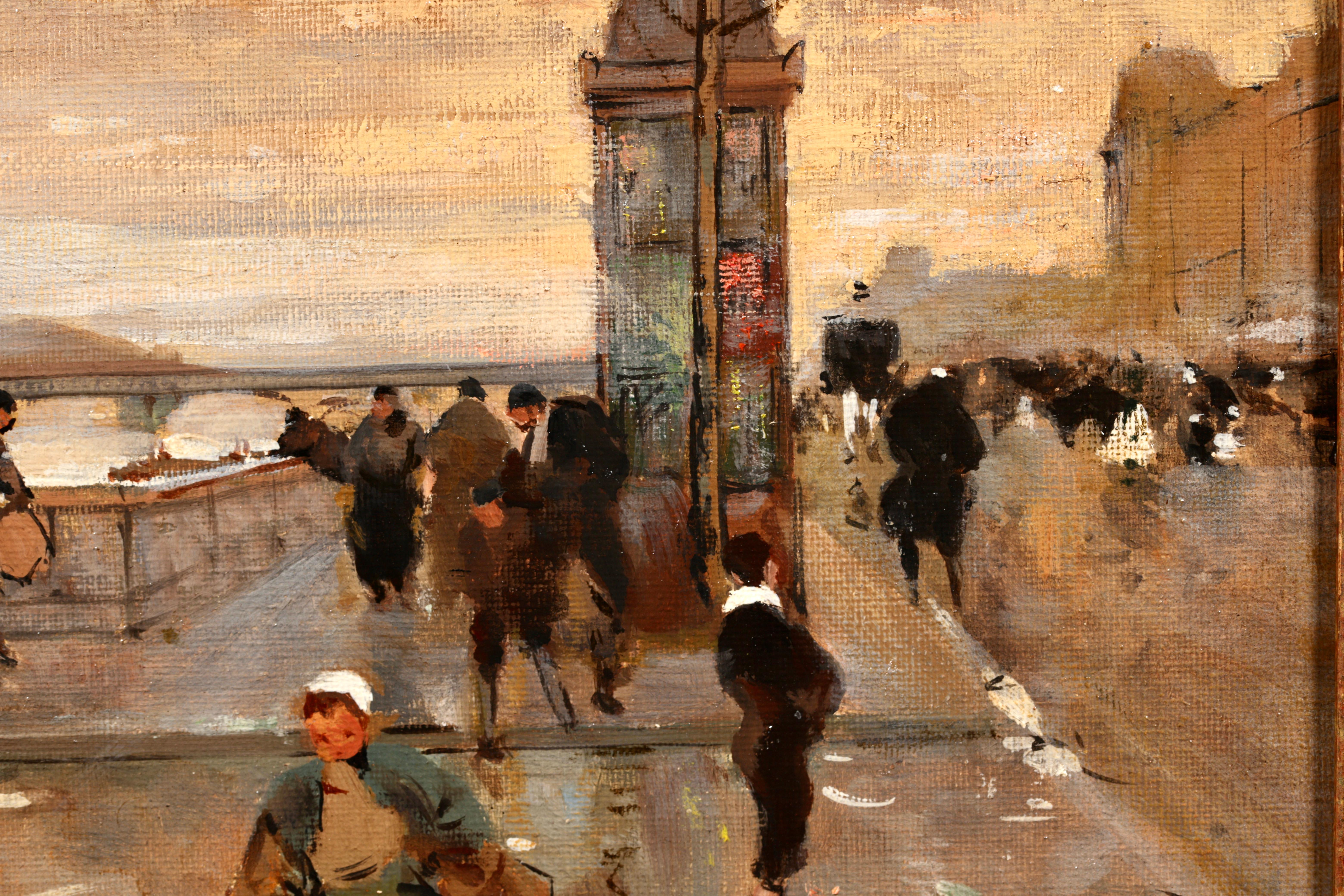 Signed figures in cityscape oil on canvas circa 1890 by French impressionist painter Luigi Loir. The piece depicts people at the Quai d'Orsay, situated on the left bank of the River Seine in Paris, France on what looks to be a cold winter day in the