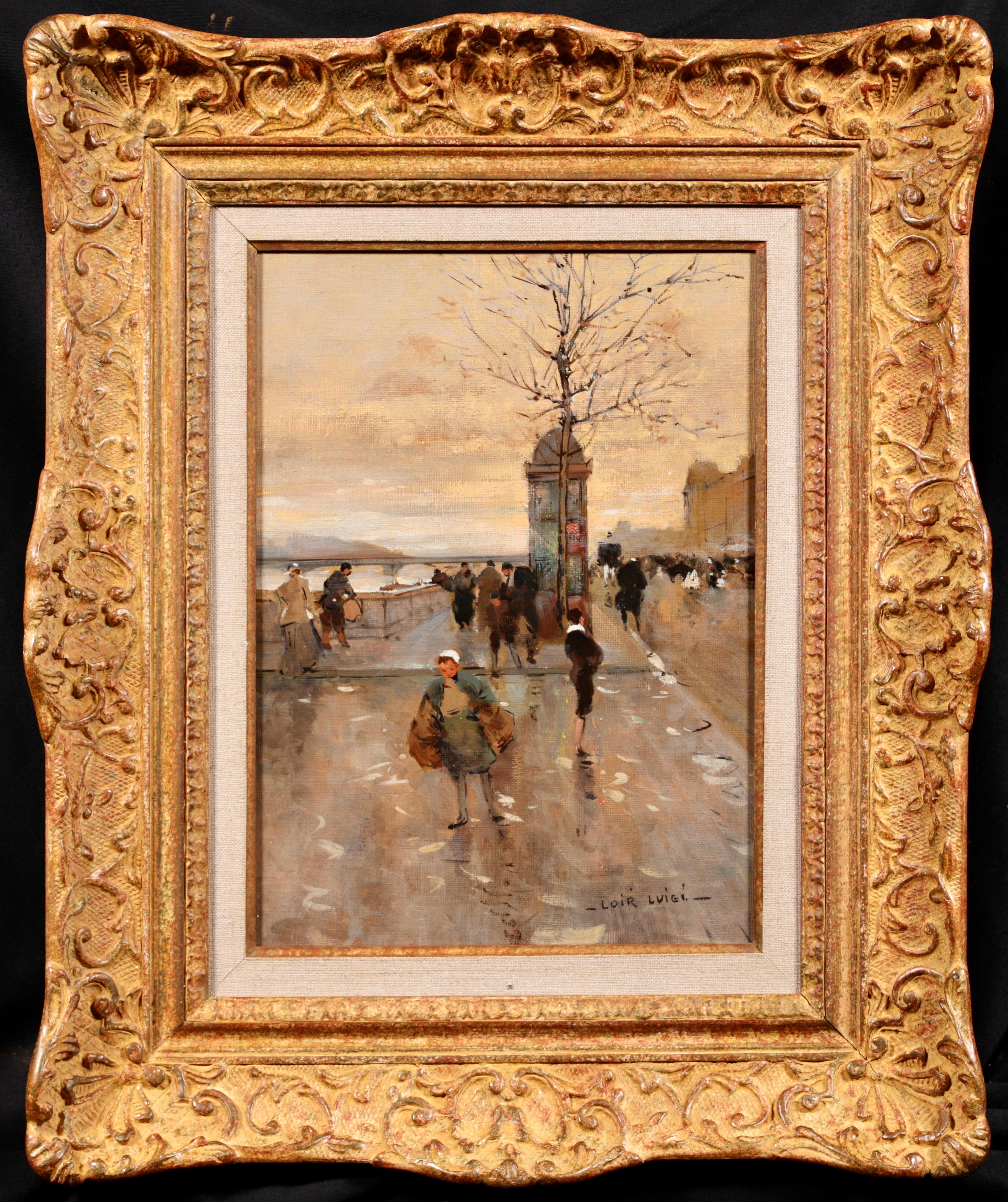Figures dans un paysage urbain signé, huile sur toile vers 1890 du peintre impressionniste français Luigi Loir. L'œuvre représente des personnes au Quai d'Orsay, situé sur la rive gauche de la Seine à Paris, en France, lors de ce qui semble être une