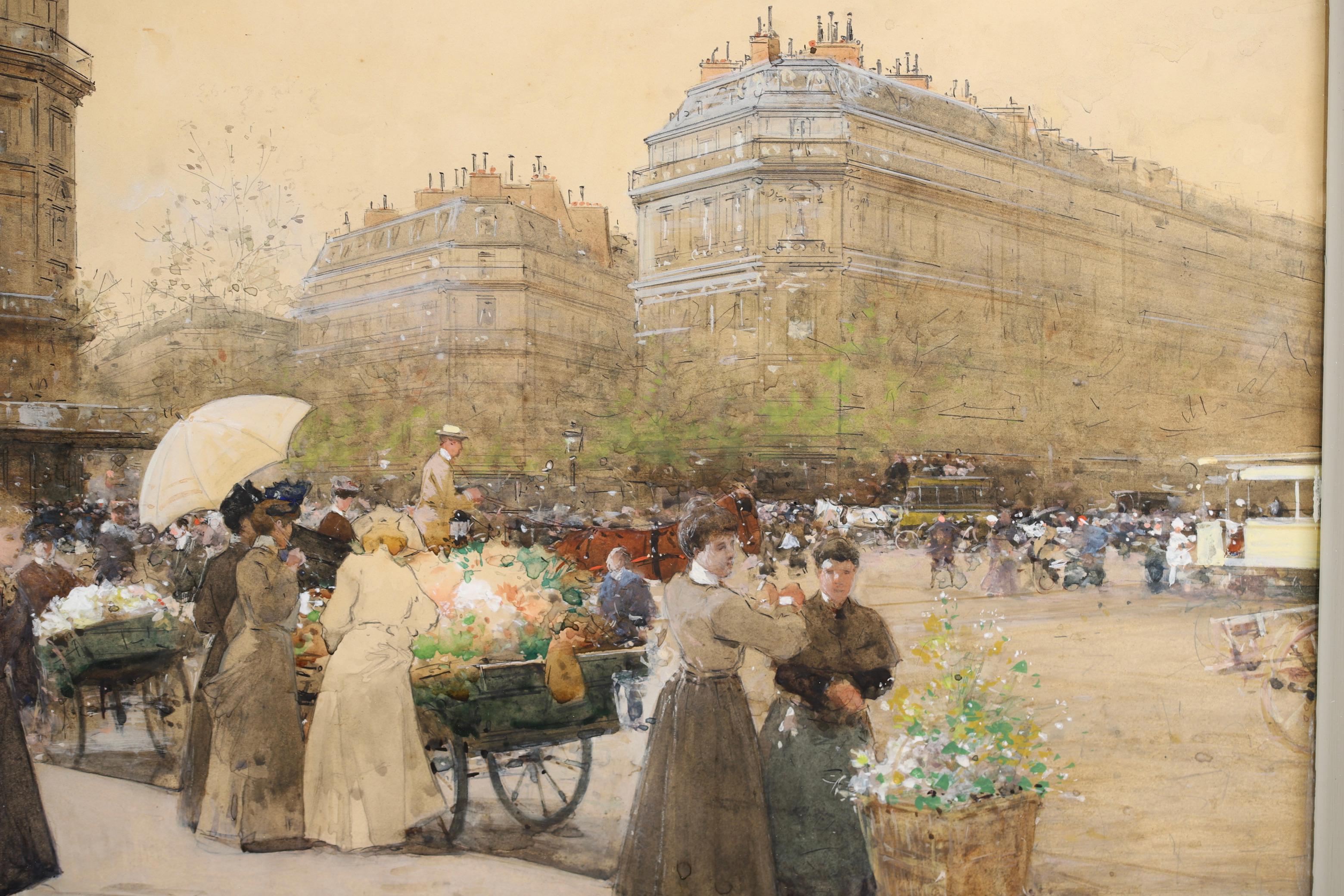 Marchandes de Fleurs - Acquerello impressionista con paesaggio urbano di Luigi Loir 12