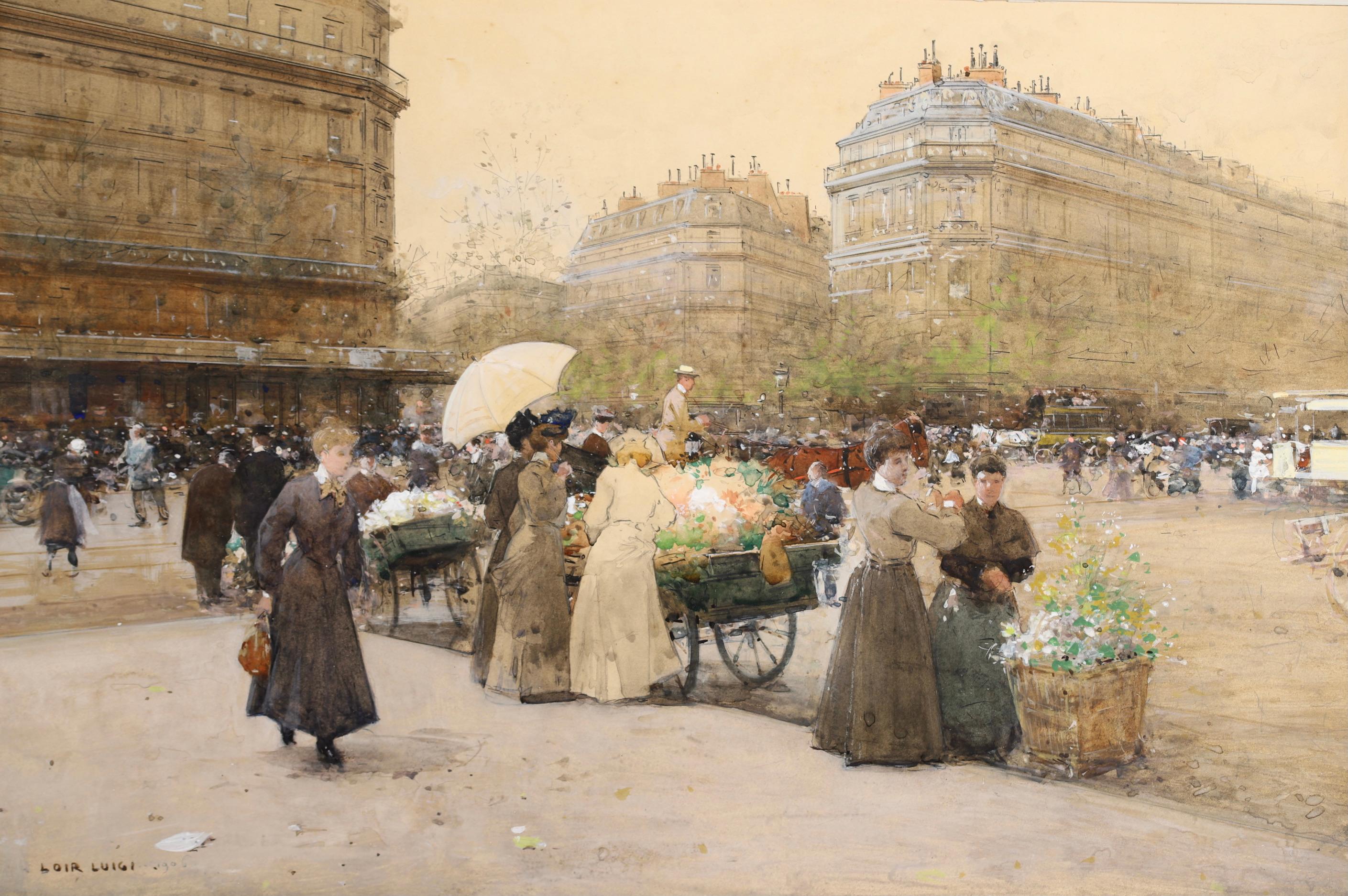 Marchandes de Fleurs - Acquerello impressionista con paesaggio urbano di Luigi Loir 1