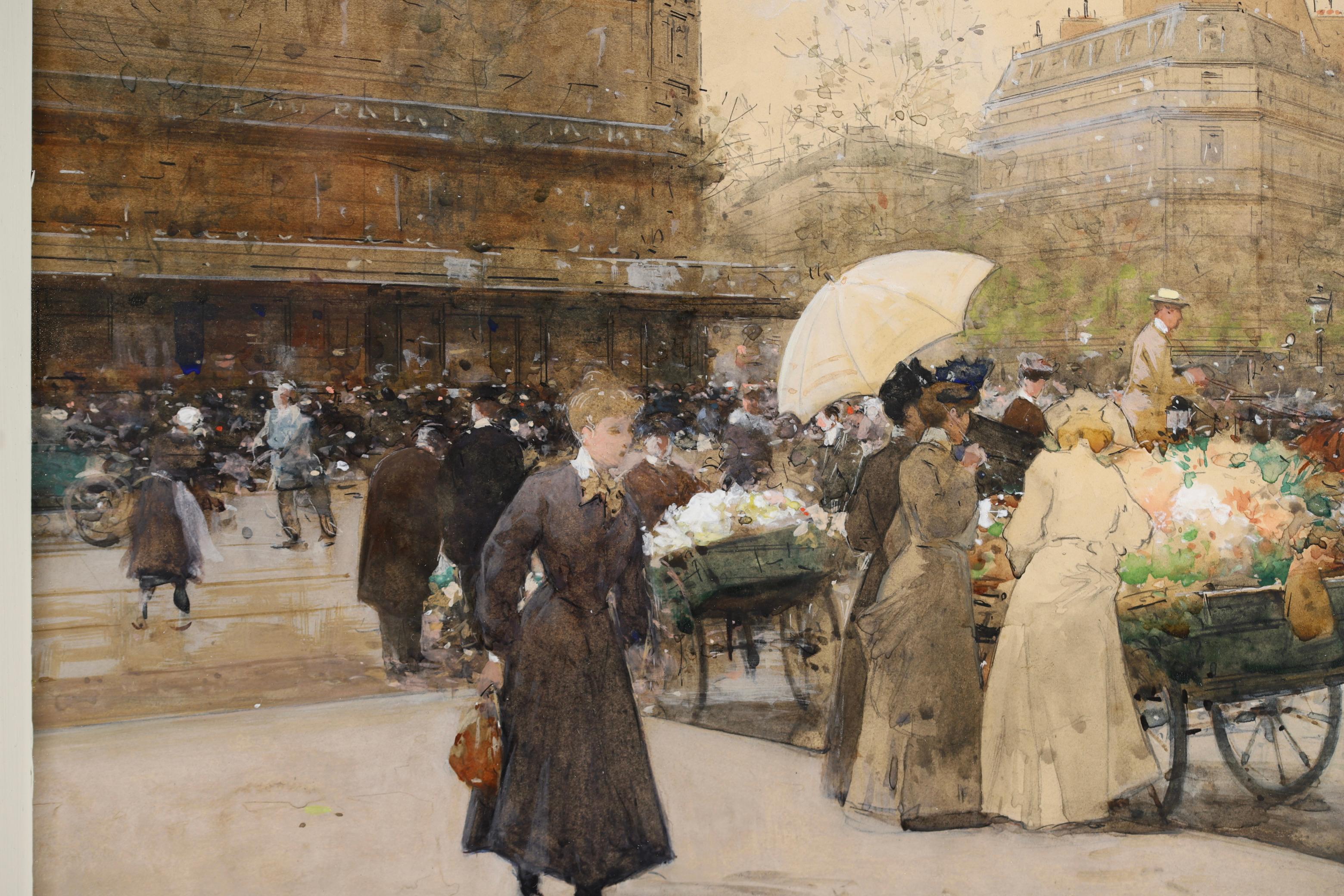 Marchandes de Fleurs - Acquerello impressionista con paesaggio urbano di Luigi Loir 2