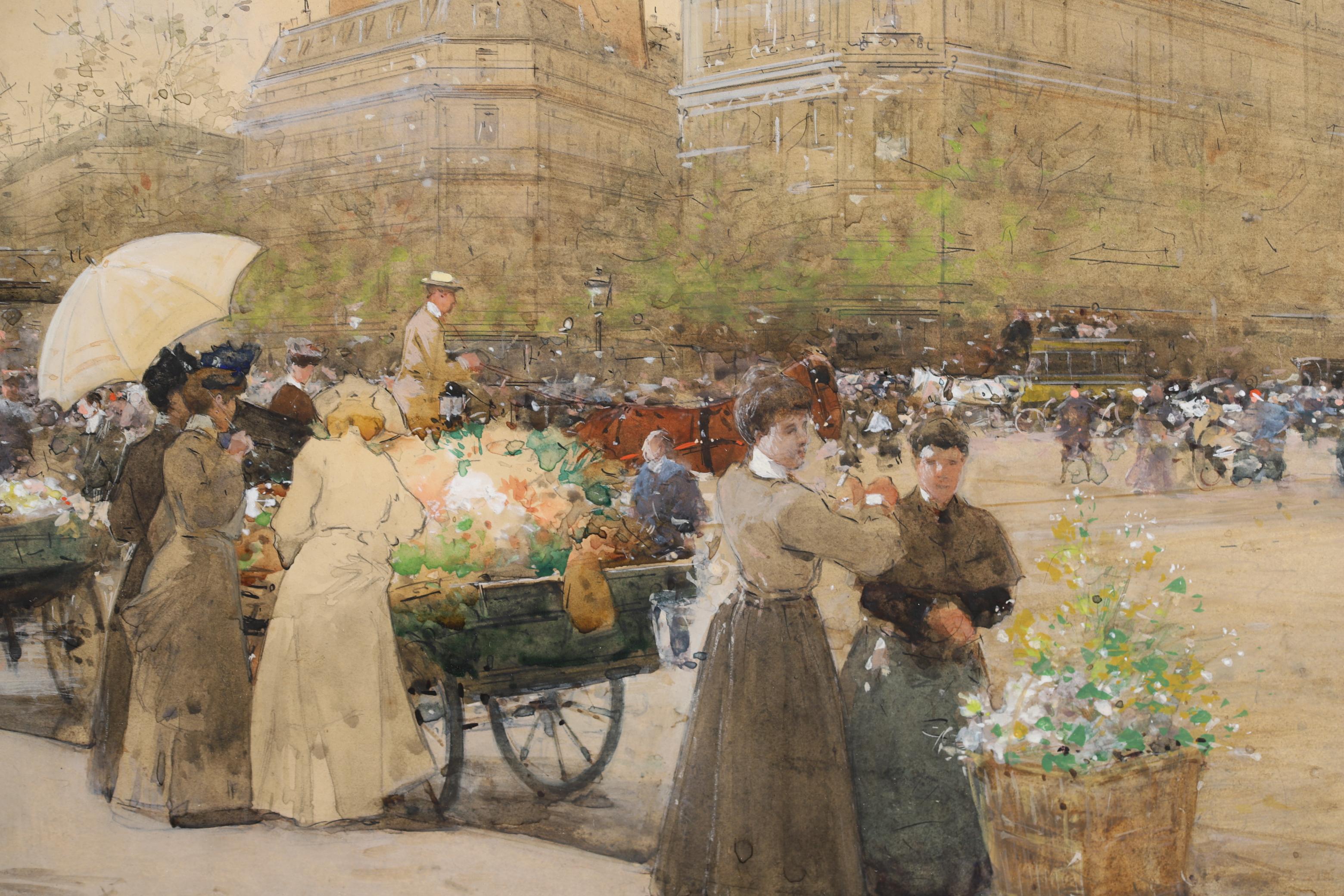 Marchandes de Fleurs - Acquerello impressionista con paesaggio urbano di Luigi Loir 4