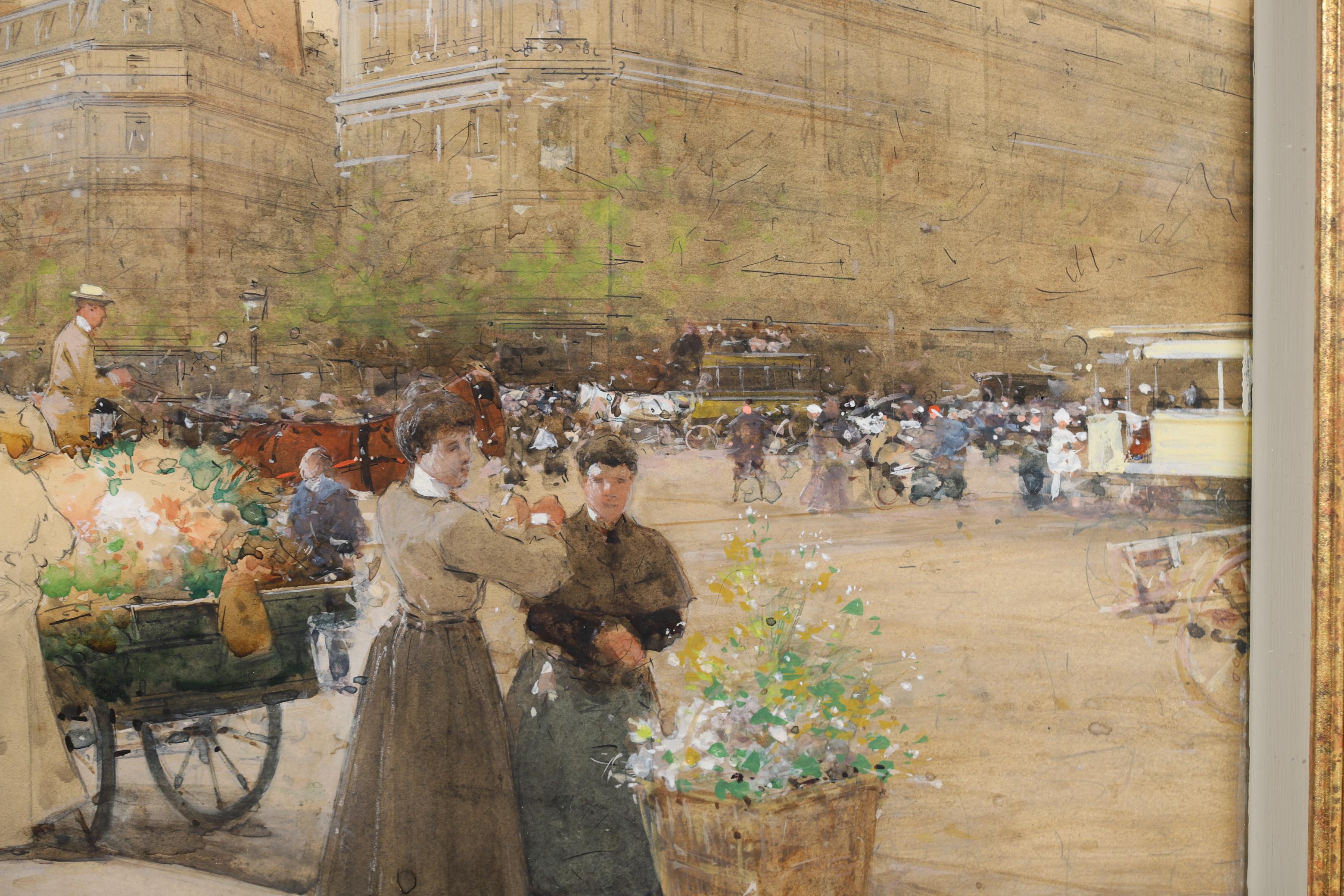 Marchandes de Fleurs - Acquerello impressionista con paesaggio urbano di Luigi Loir 5
