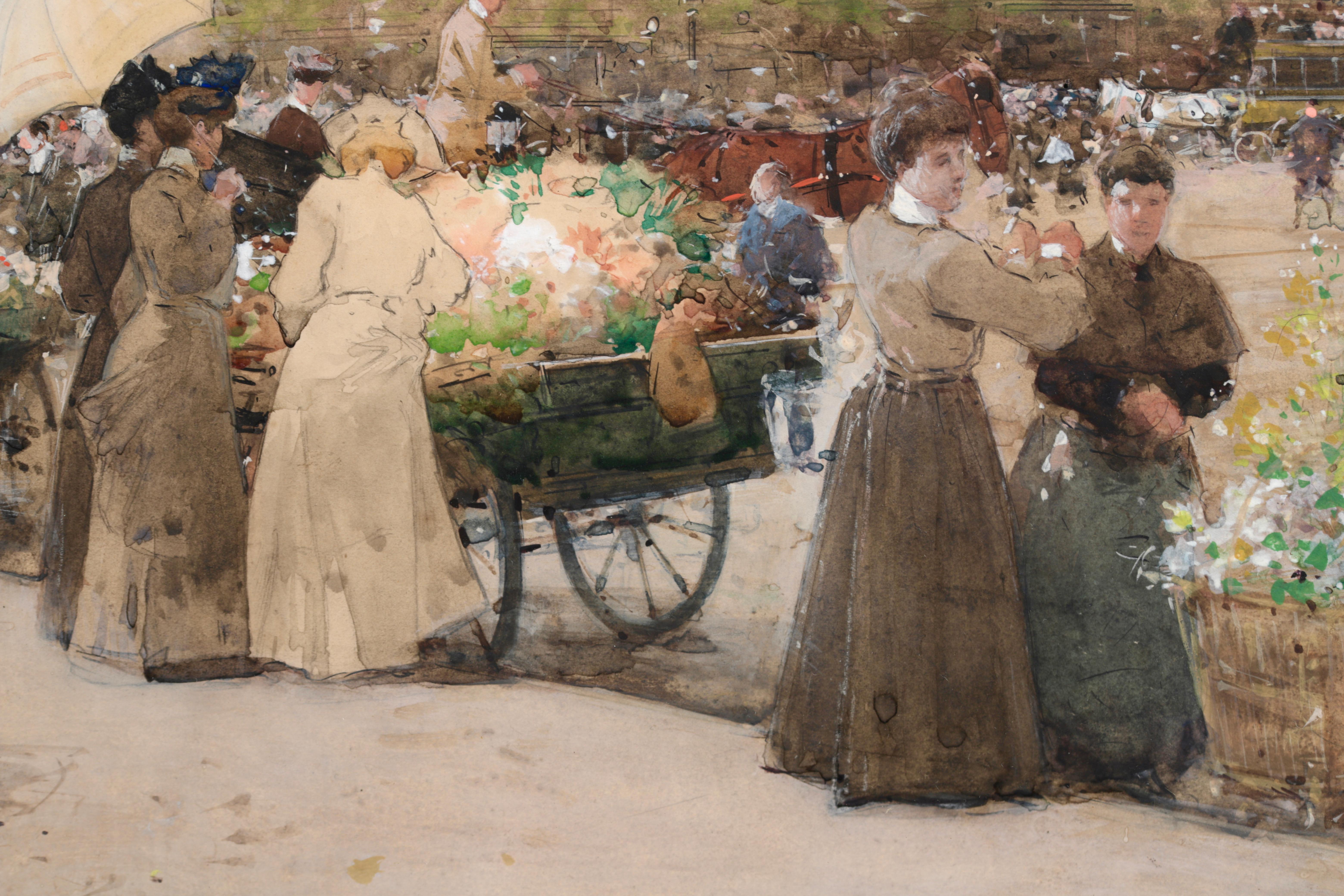 Marchandes de fleurs - Acuarela impresionista, Figuras Paisaje urbano de Luigi Loir 10