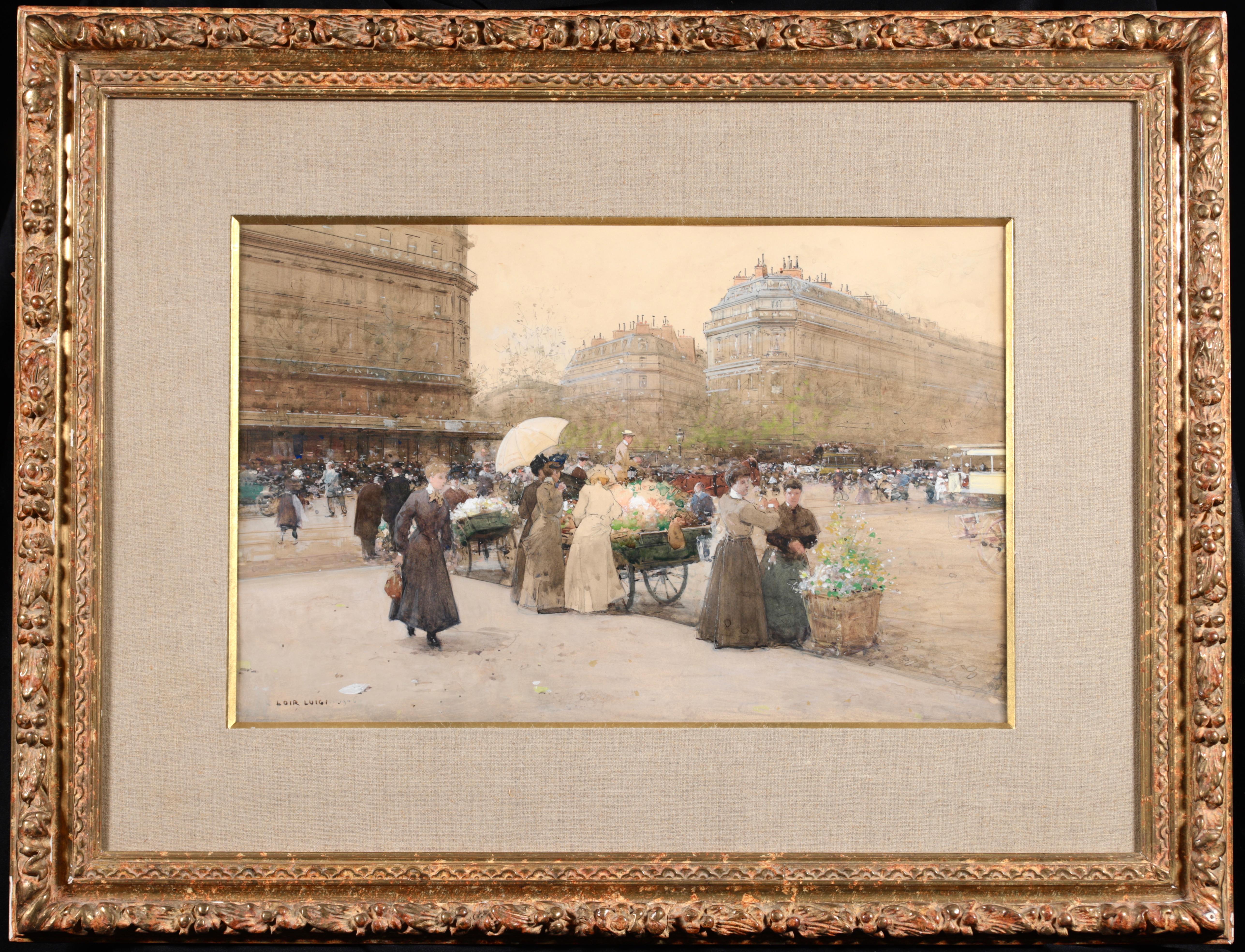 Signed and dated watercolour and gouache on board by French impressionist painter Luigi Loir. The work depicts elegantly dressed women buying flowers at a bustling market in the Grand Boulevard in Paris, France. 

Signature:
Signed lower left and