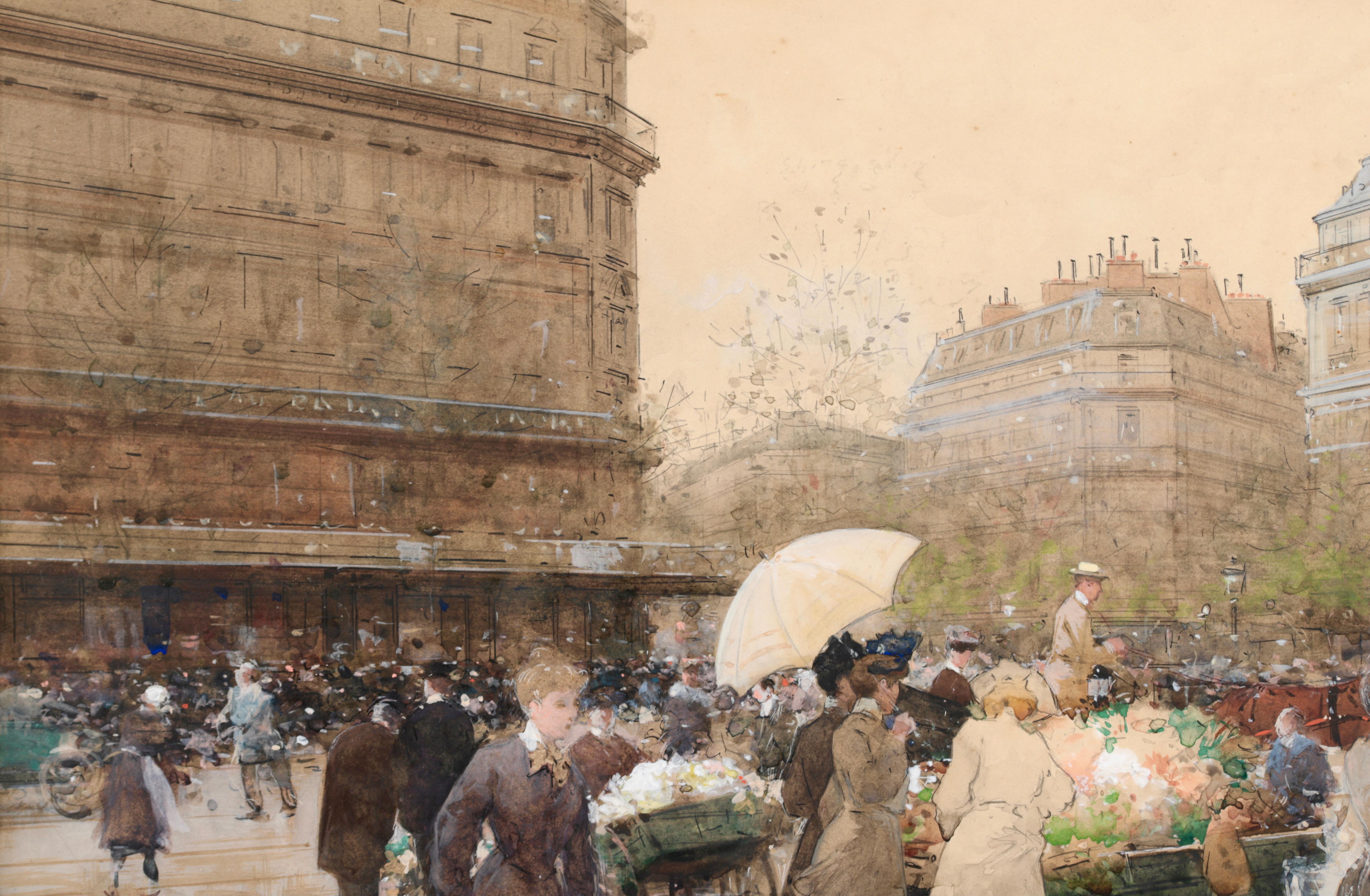 Marchandes de fleurs - Impressionist Watercolor, Figures Cityscape by Luigi Loir 1