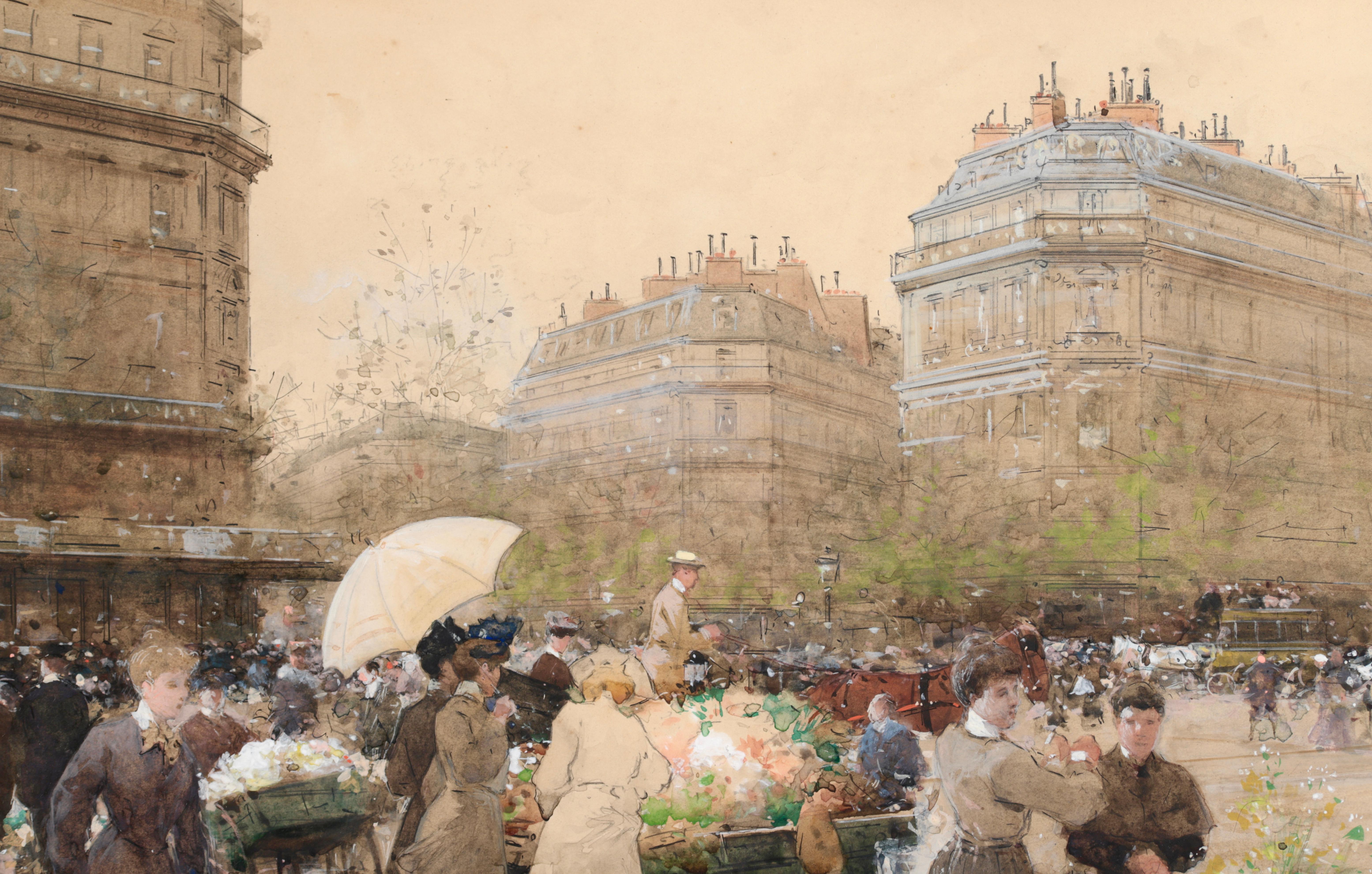 Marchandes de fleurs - Impressionist Watercolor, Figures Cityscape by Luigi Loir 2