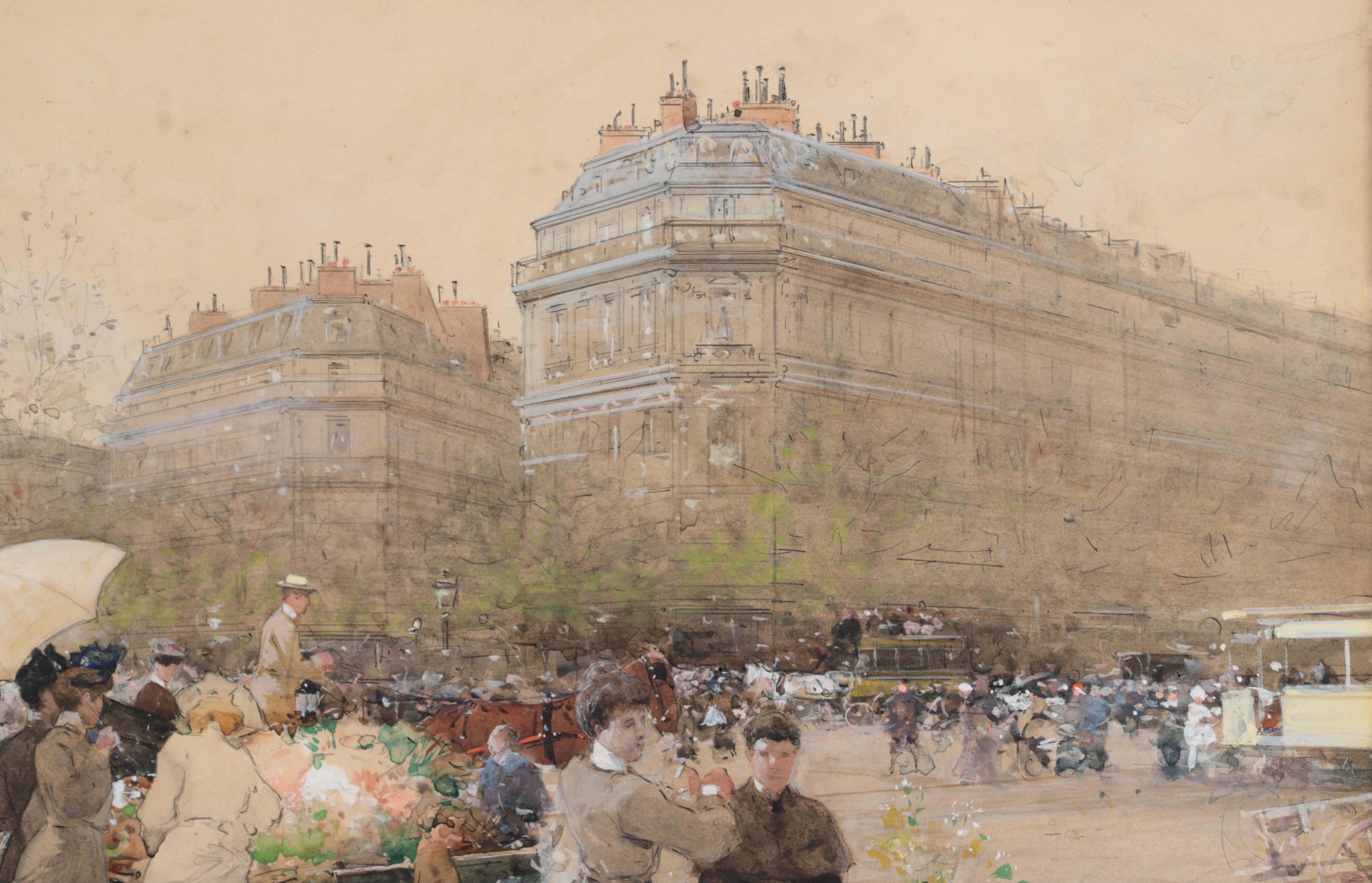 Marchandes de fleurs - Acuarela impresionista, Figuras Paisaje urbano de Luigi Loir 4