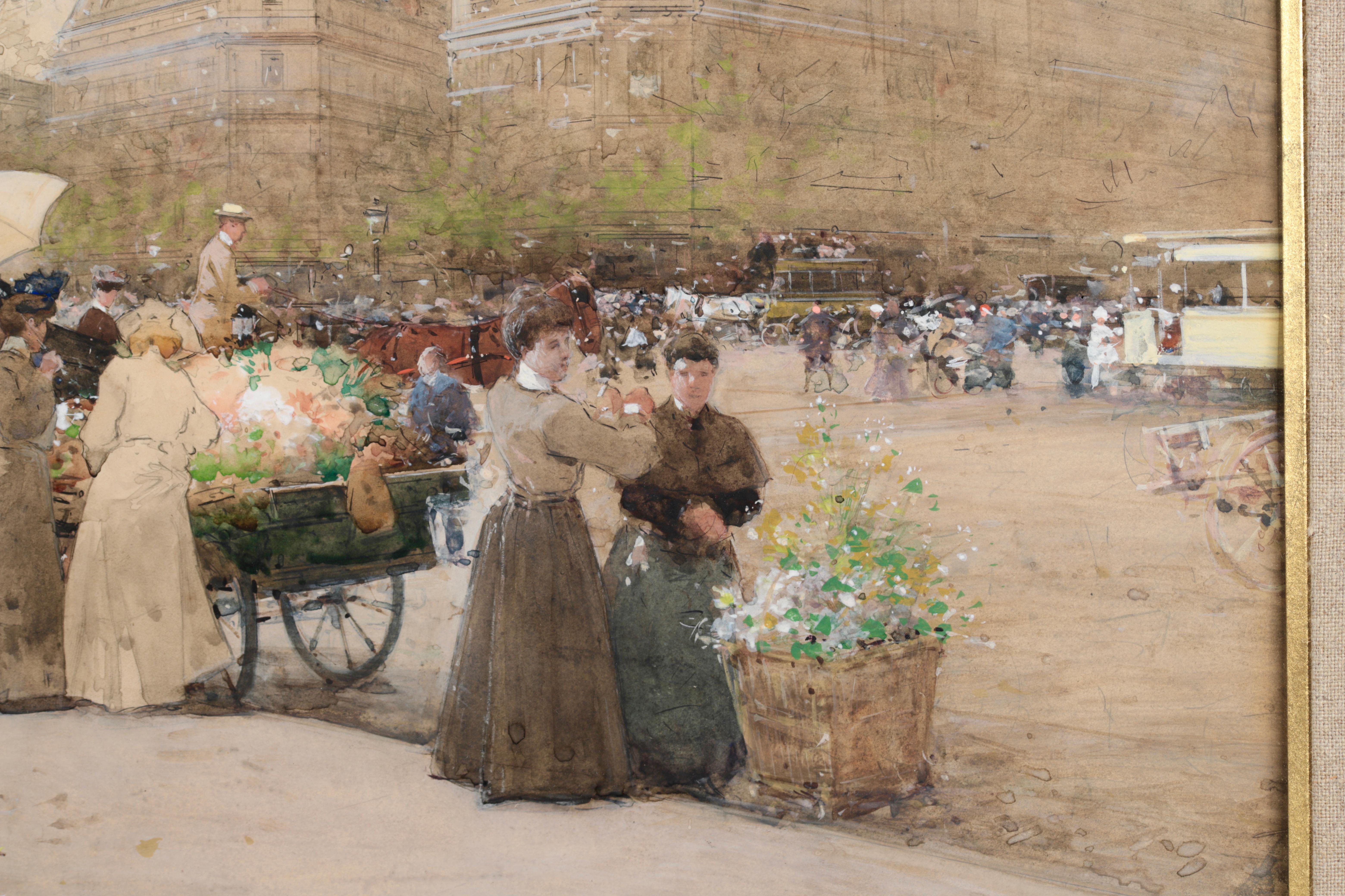 Marchandes de fleurs - Impressionist Watercolor, Figures Cityscape by Luigi Loir 4
