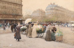 Marchandes de fleurs - Impressionist Watercolour, Figures Cityscape by Luigi Loir