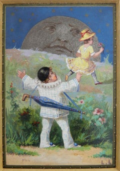 Peinture à l'huile Pierrot, Colombine et la Lune de Luigi Loir Belle Epoque