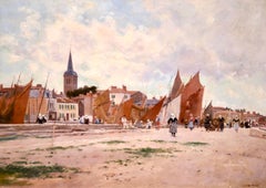 On the Quay - Impressionist Oil, Figures in Coastal Landscape by Luigi Loir