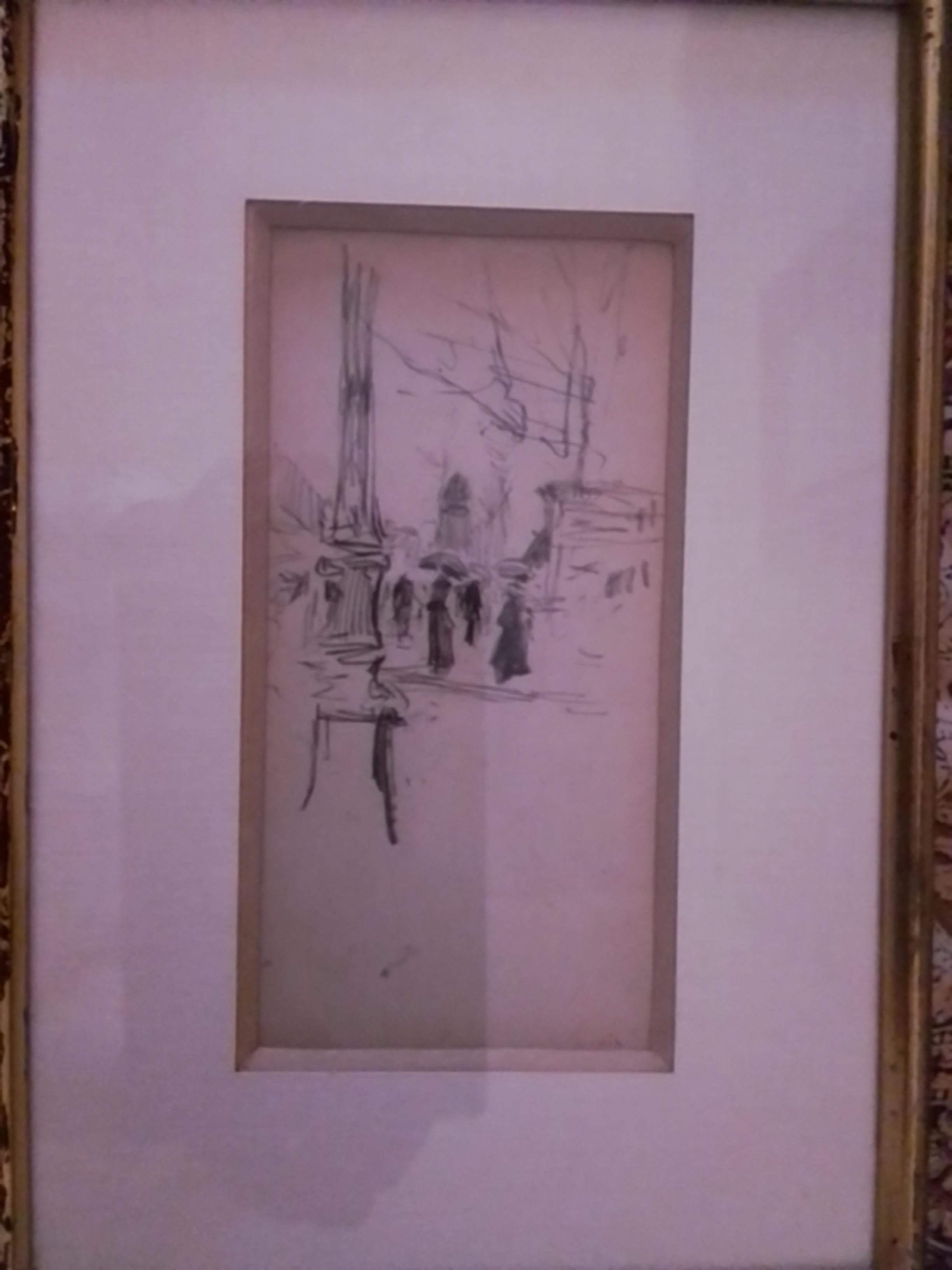 Luigi Loir - Parigi - Eleganza sul viale, matita su carta - firmato in vendita 1
