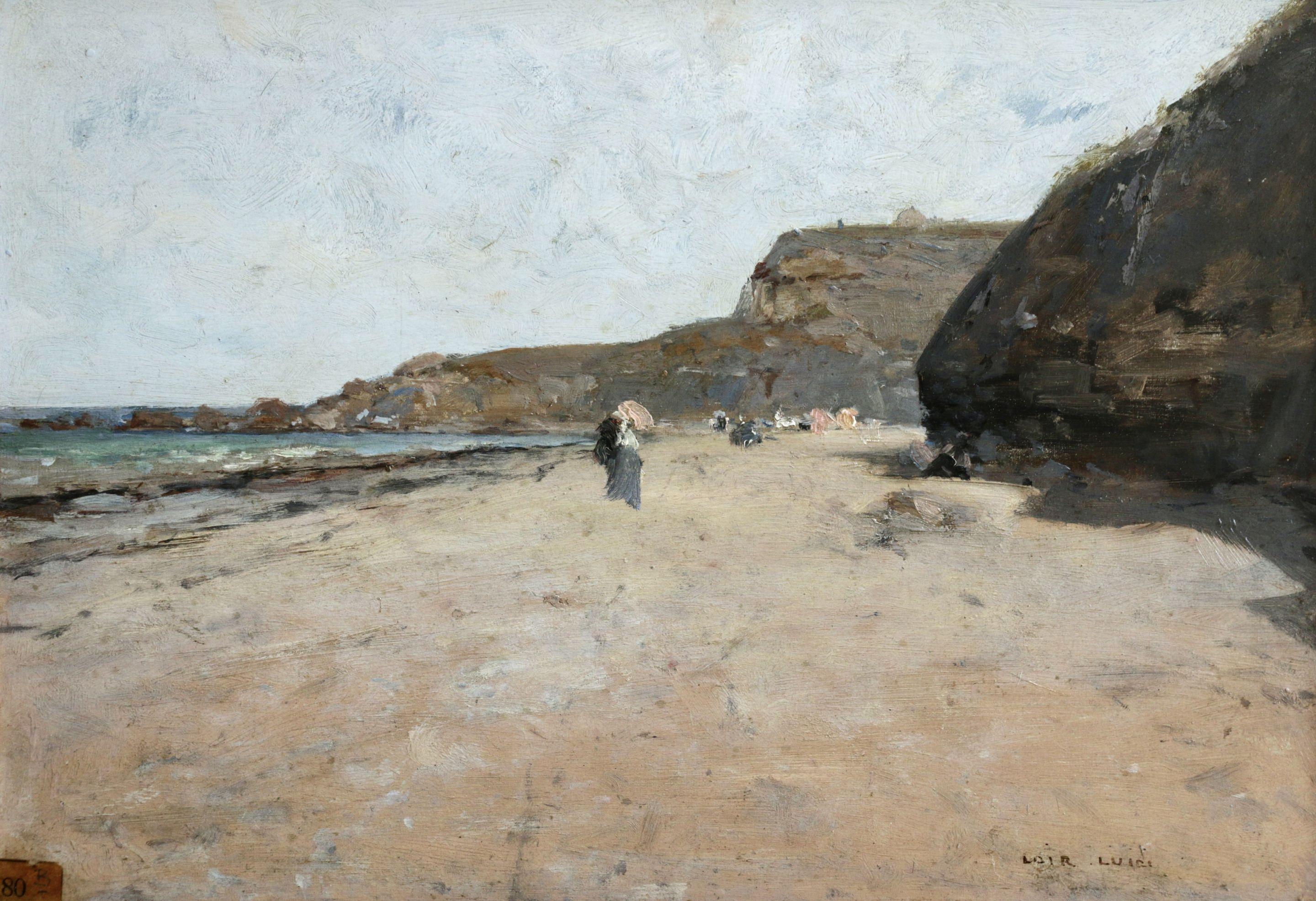 Luigi Loir Landscape Painting - "Promenade sur la Plage" Loir C.19th French Impressionist Coastal Seascape