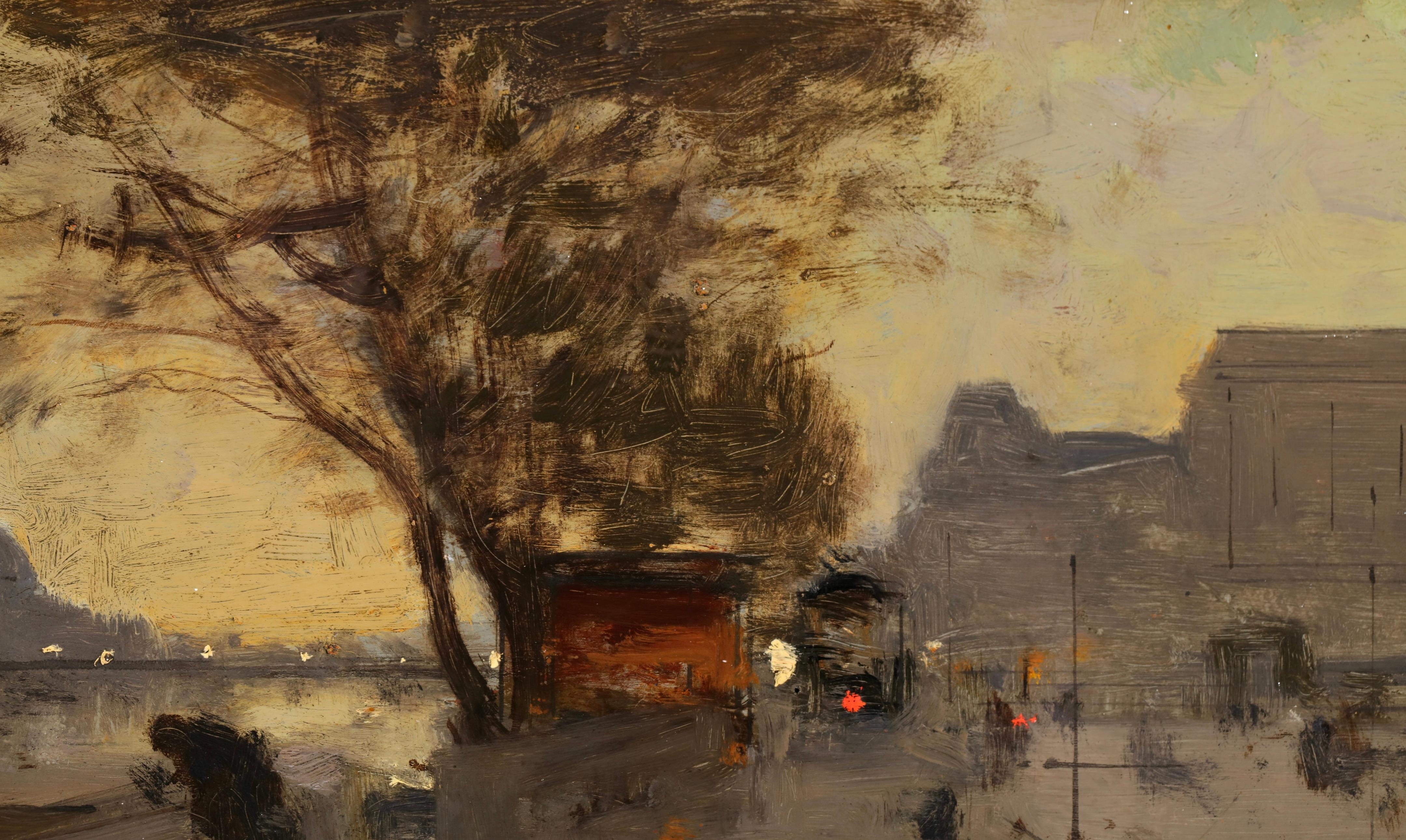 Quai de Louvre - Impressionistische Stadtlandschaft, Ölgemäldepaarung von Luigi Loir im Angebot 9