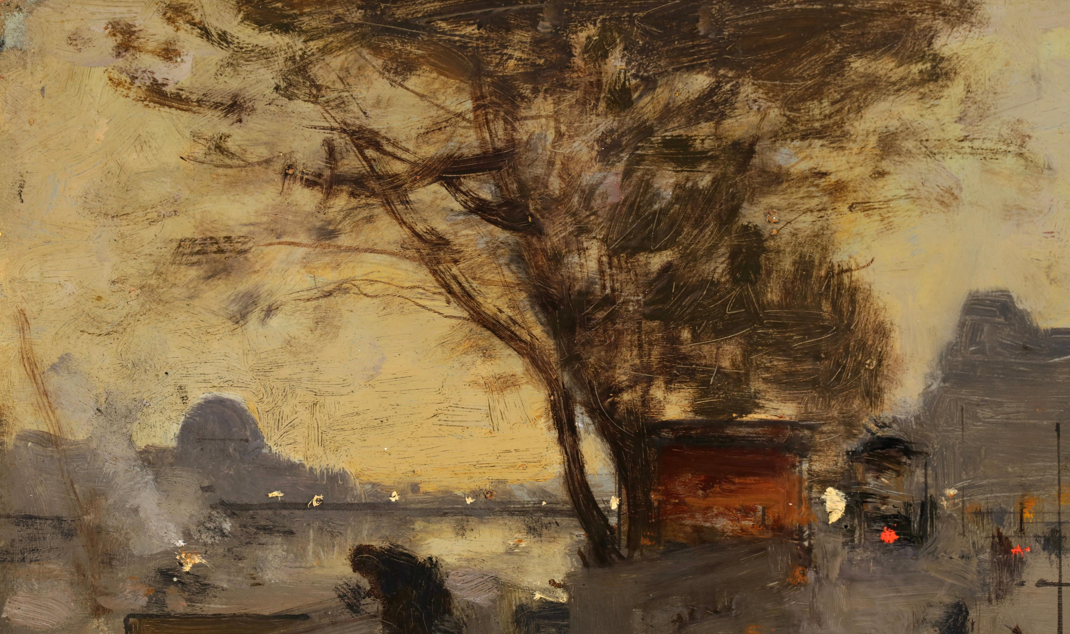 Quai de Louvre - Impressionistische Stadtlandschaft, Ölgemäldepaarung von Luigi Loir im Angebot 10