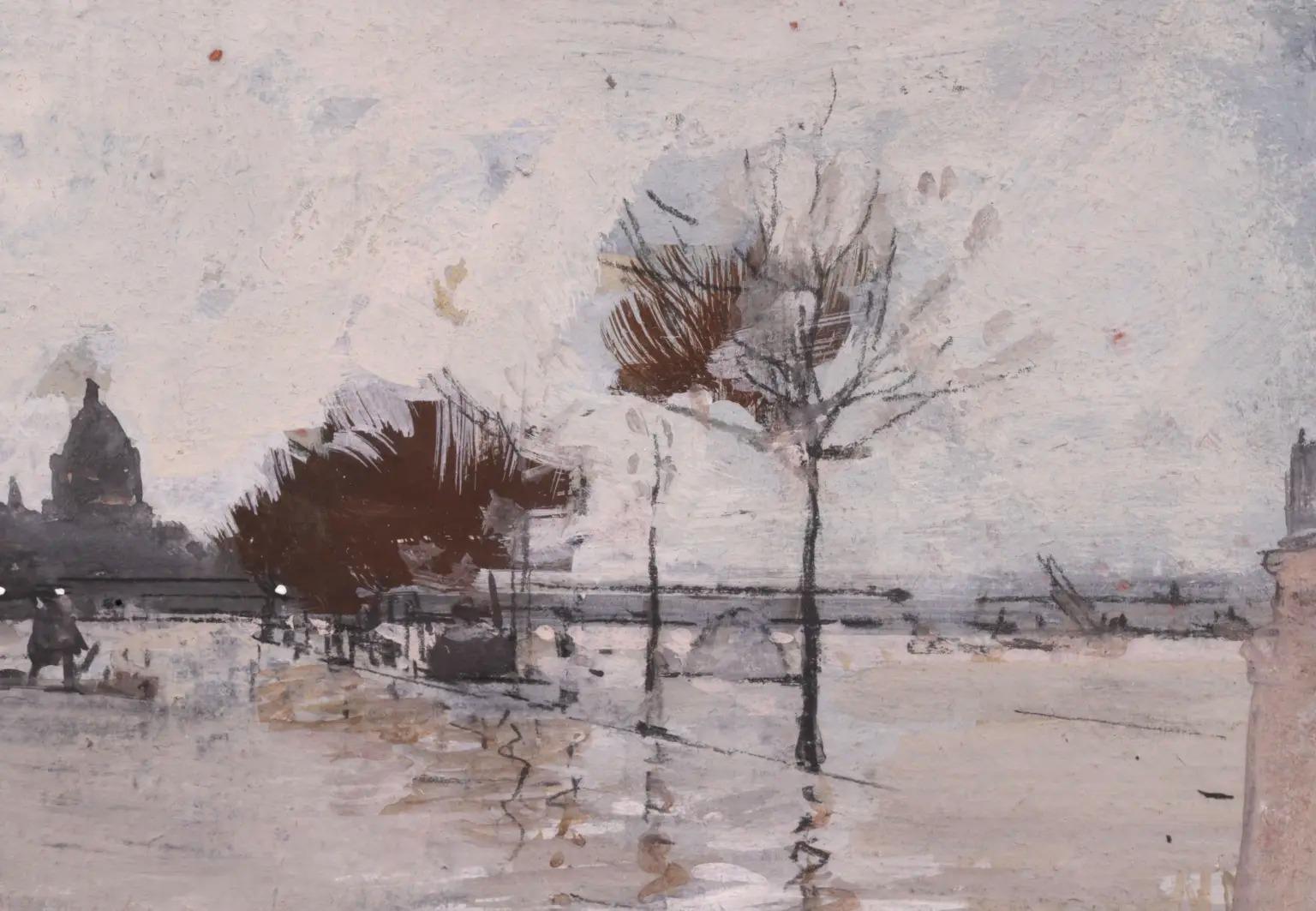Signed gouache on board impressionist landscape by French painter Luigi Loir. This work depicts the famous flood of Paris in 1910 when the Seine broke its banks in the largest flooding the city had seen in a 100 years. Loir likely painted this work
