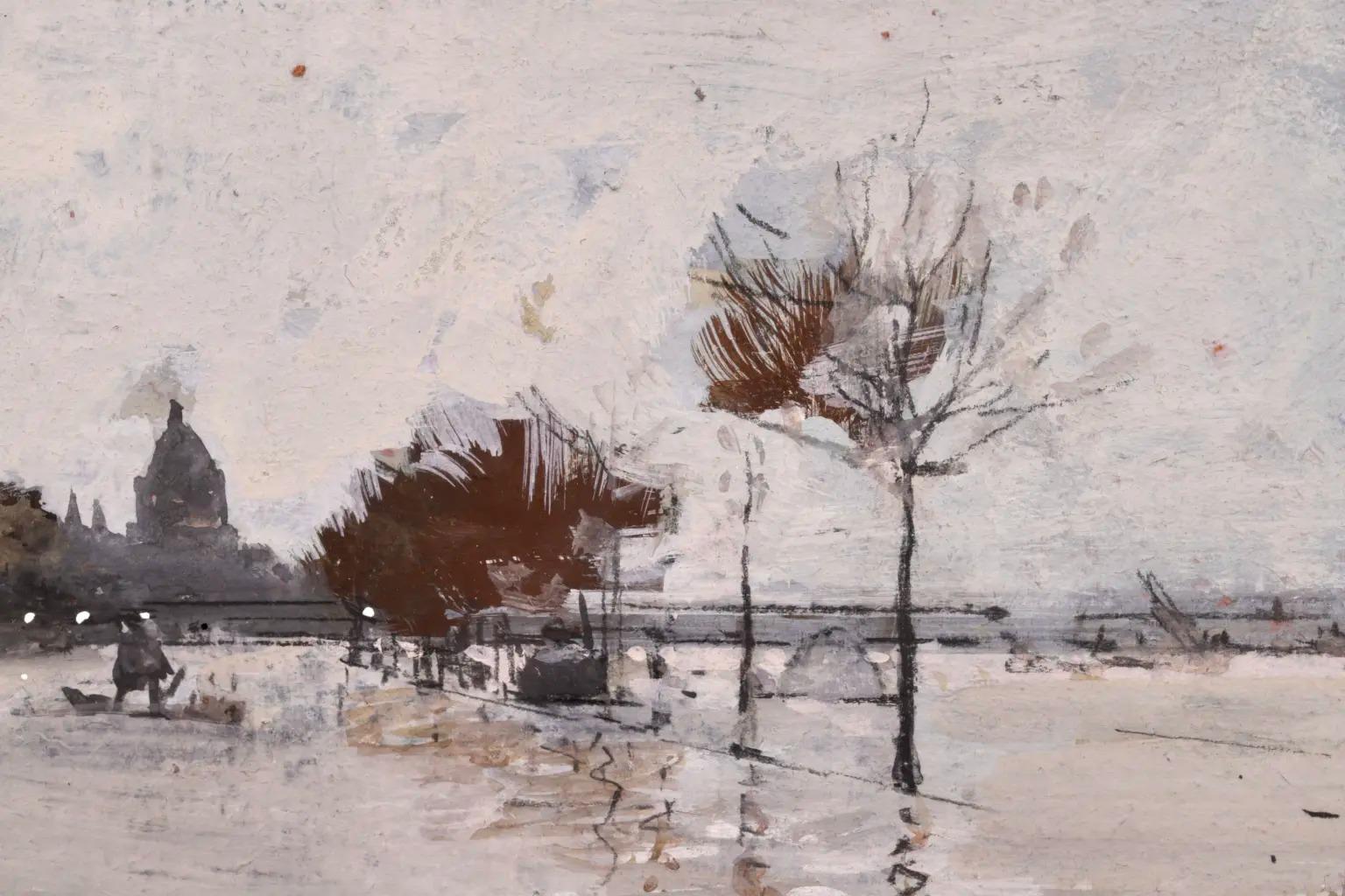 The Great Flood of Paris - Impressionist Landscape Gouache Painting - Luigi Loir For Sale 1