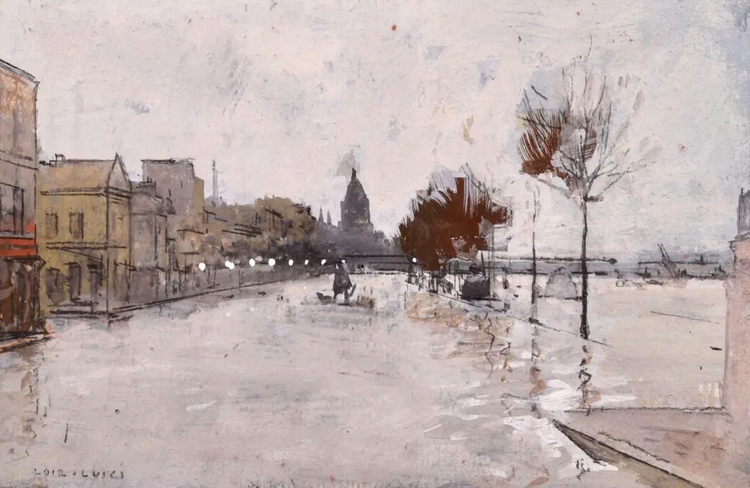 The Great Flood of Paris - Peinture à la gouache de paysage impressionniste - Luigi Loir en vente 8