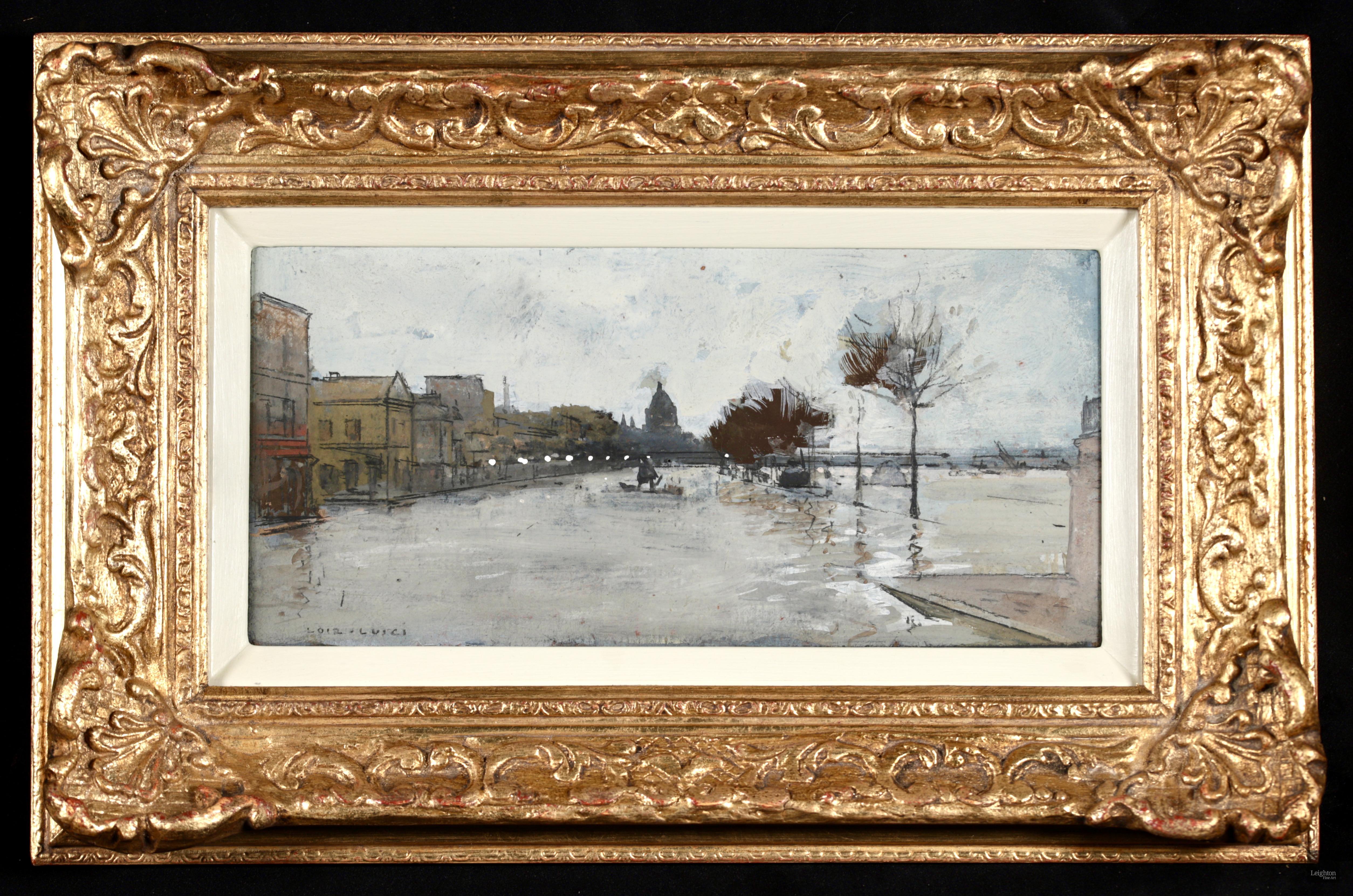 Paysage impressionniste à la gouache sur carton signé du peintre français Luigi Loir. Cette œuvre dépeint la célèbre inondation de Paris en 1910, lorsque la Seine est sortie de son lit lors de la plus grande inondation que la ville ait connue en 100
