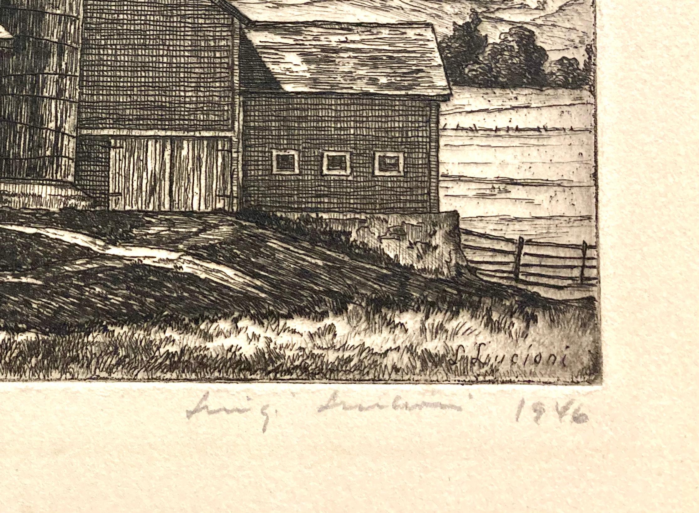 Painter and printmaker, Luigi Lucioni was known for his portraits, still life paintings, and landscapes of Vermont and Italy. This 'New England Barn' is a particularly early subject and scarcer and most of his prints.
It is signed and dated in