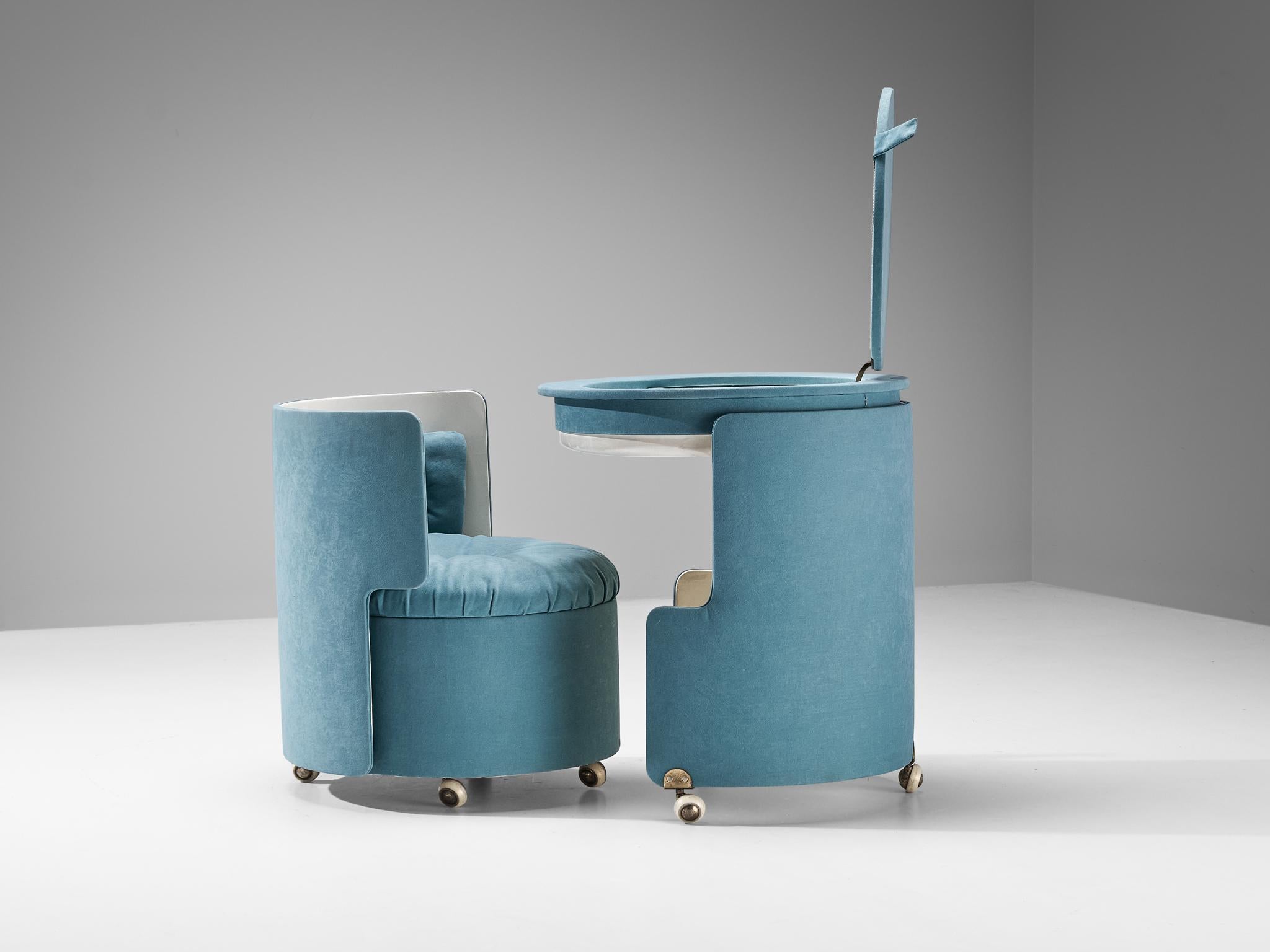 Mid-20th Century Luigi Massoni ‘Dilly Dally’ Vanity Set in Blue Alcantara