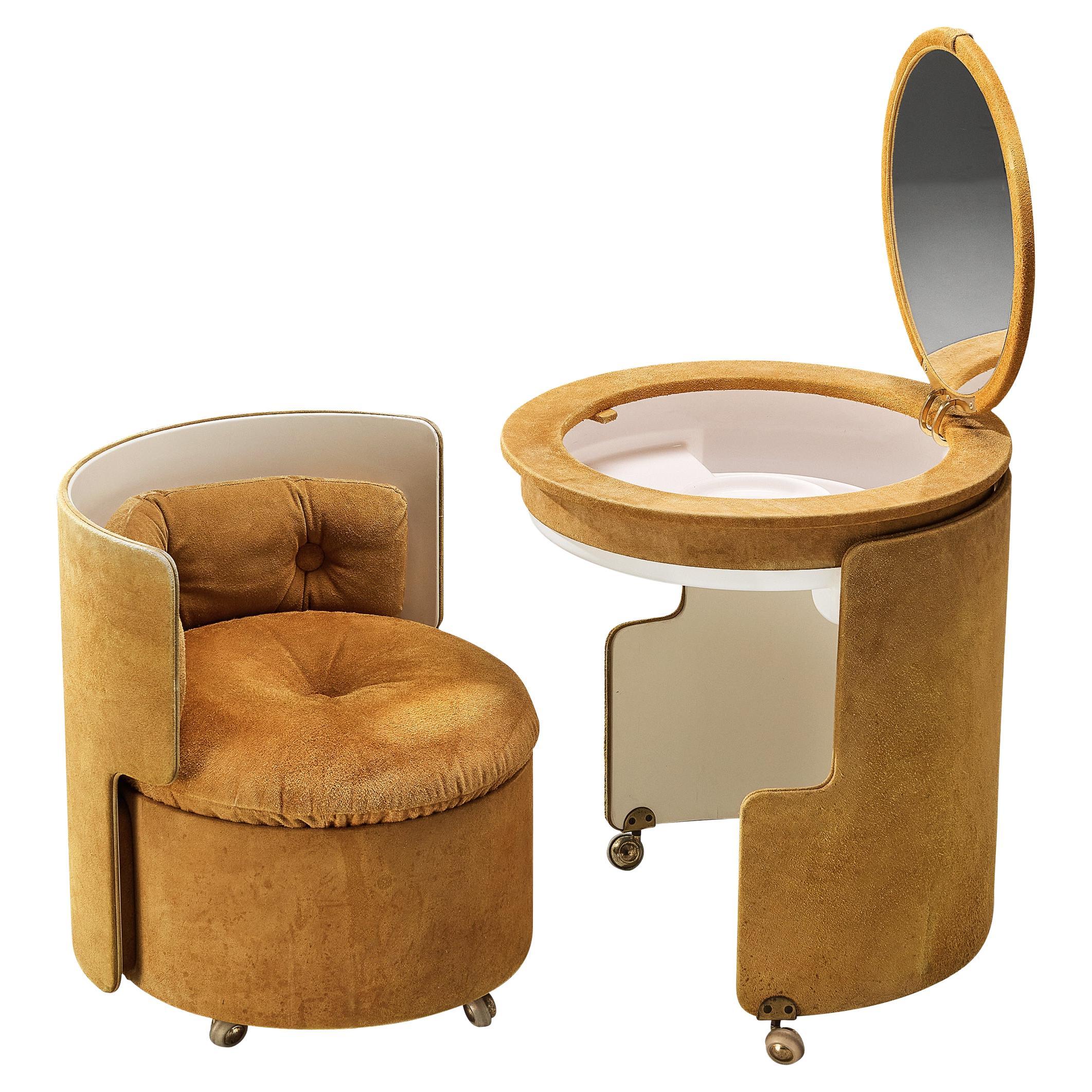 Luigi Massoni ‘Dilly Dally’ Vanity Set With Table and Chair in Beige Alcantara For Sale