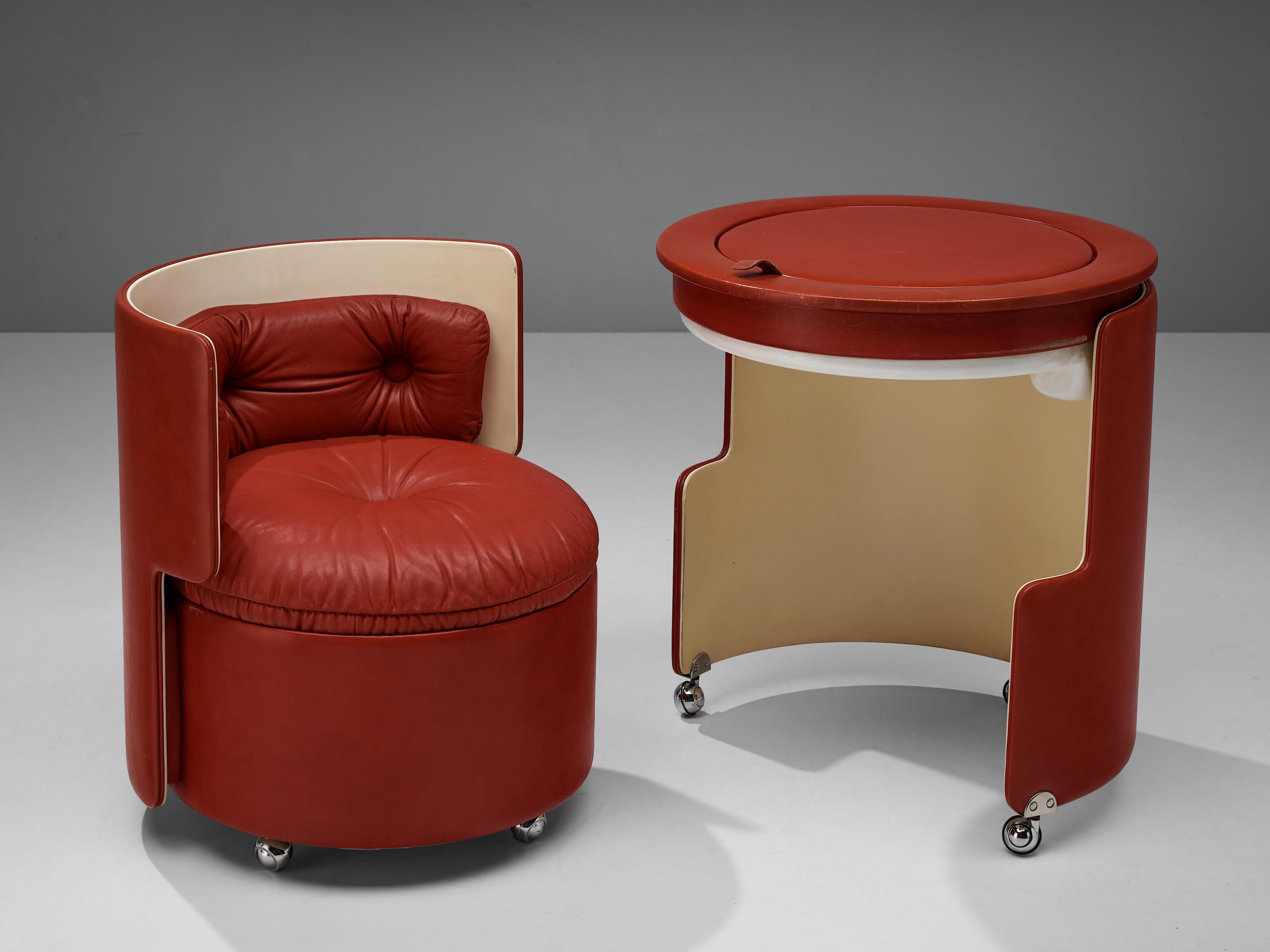 Mid-Century Modern Luigi Massoni ‘Dilly Dally’ Vanity Set with Table and Chair in Red Leatherette