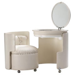 Vintage Luigi Massoni ‘Dilly Dally’ Vanity Set With Table and Chair in White Leatherette