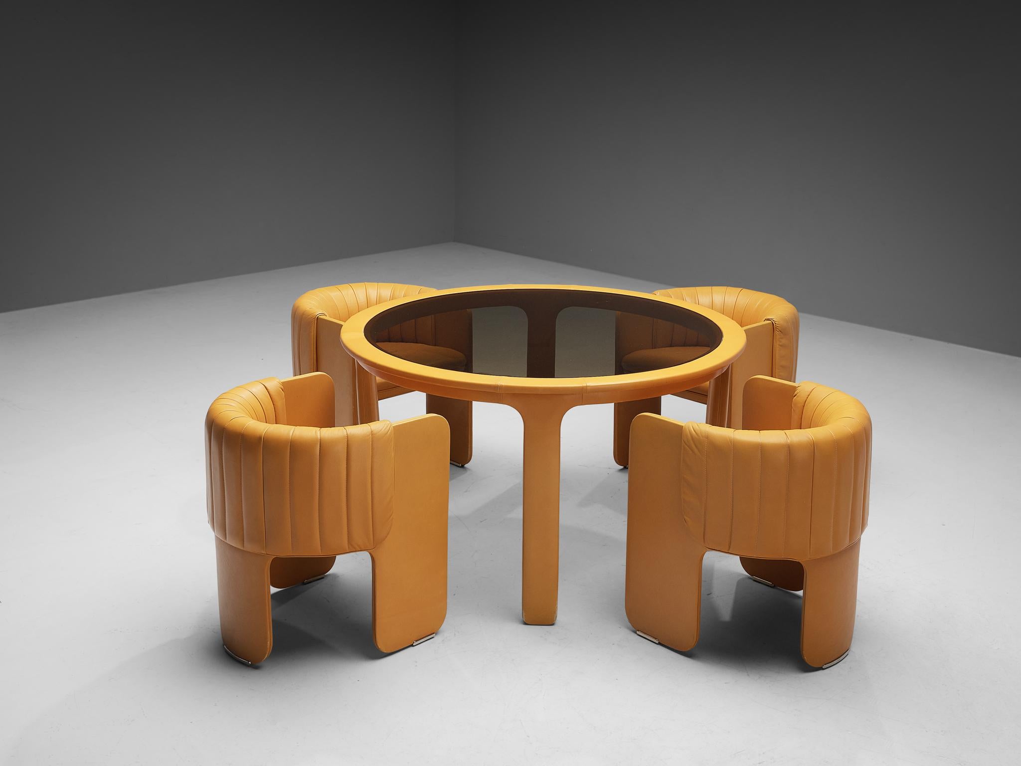 Luigi Massoni for Poltrona Frau Dining Table in Camel Leather and Glass 1