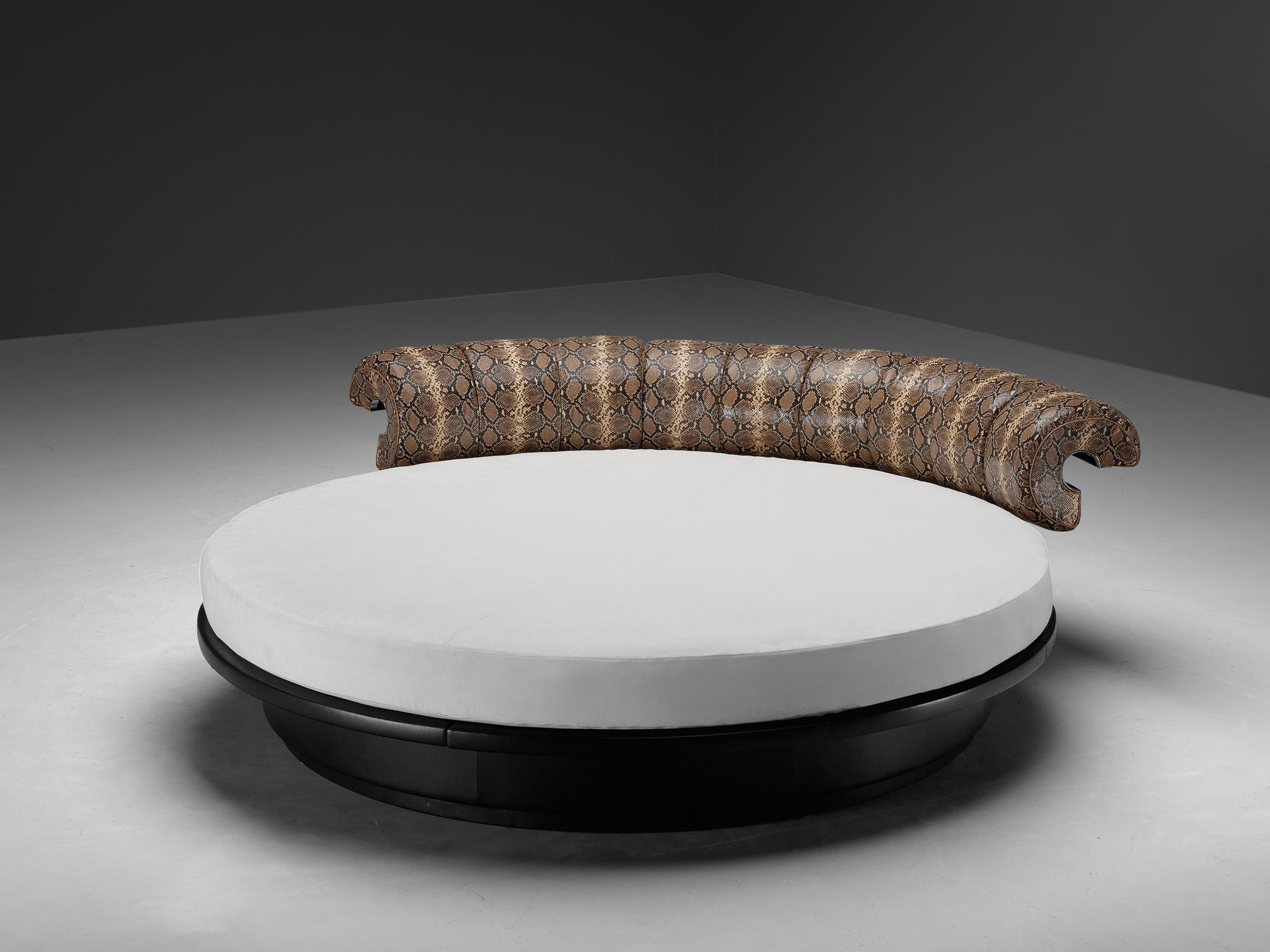 Luigi Massoni for Poltrona Frau, 'Lullaby Due' bed, leather, wood, chromed steel, faux-snake leather, faux leather, Italy, designed in 1968

Stunning 'Lullaby Due' bed by Luigi Massoni for Poltrona Frau in an eye-catching faux snake leather