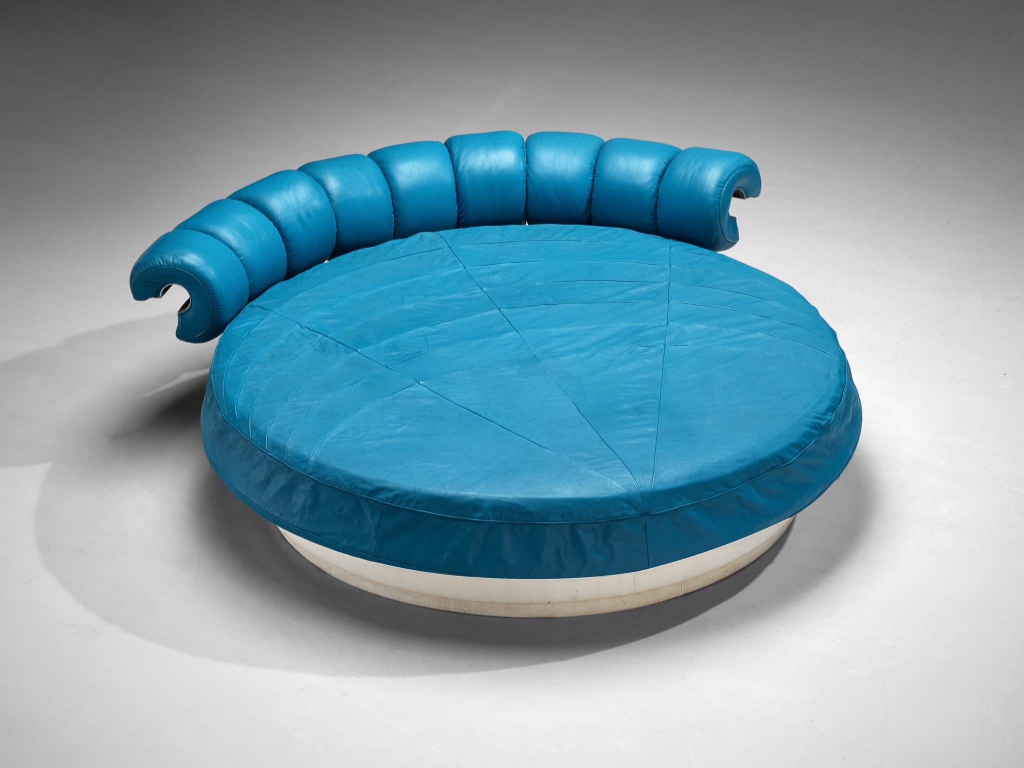 Luigi Massoni for Poltrona Frau, 'Lullaby Due' bed, faux leather, wood, chromed steel, plastic, Italy, 1968

Stunning 'Lullaby Due' bed by Luigi Massoni for Poltrona Frau in an eye-catching bright turquoise blue leatherette headrest and mattras