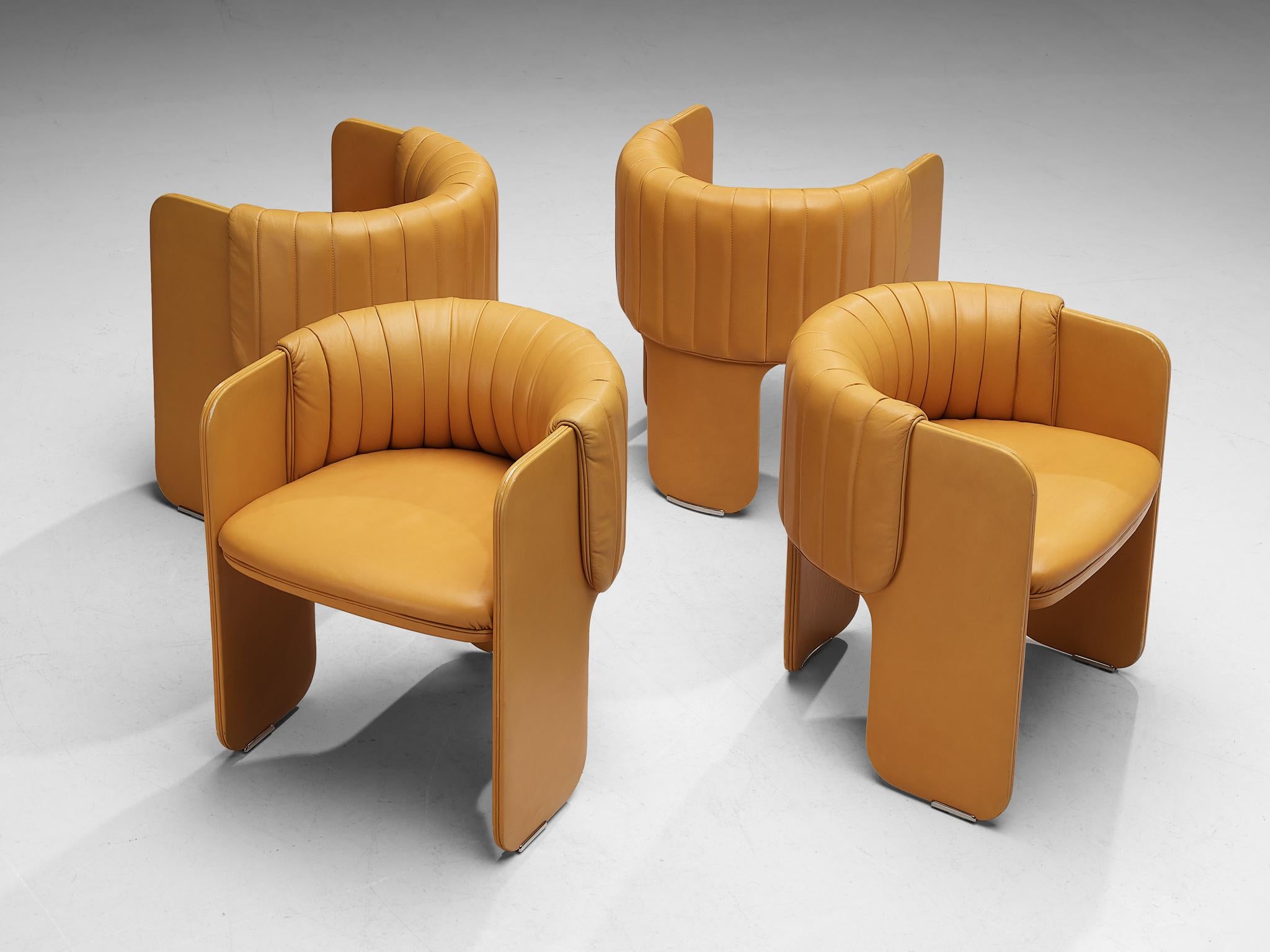 Luigi Massoni for Poltrona Frau, set of four armchairs model ‘Dinette’, leather, chromed steel, Italy, 1980s

This set of armchairs epitomizes a splendid construction based on characteristic shapes and executed in a vivid orange leather.