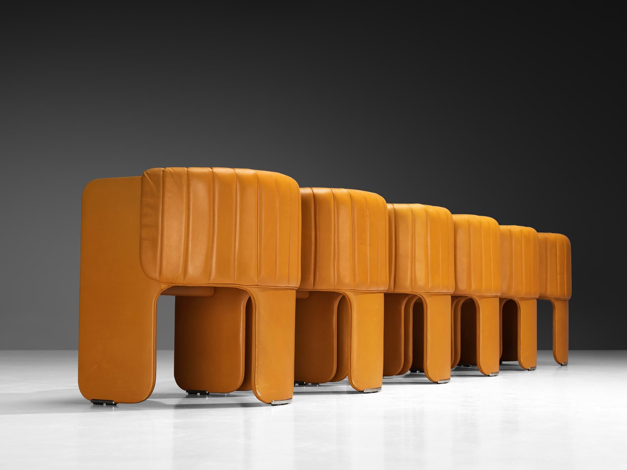 Italian Luigi Massoni for Poltrona Frau Set of Six 'Dinette’ Armchairs in Orange Leather For Sale
