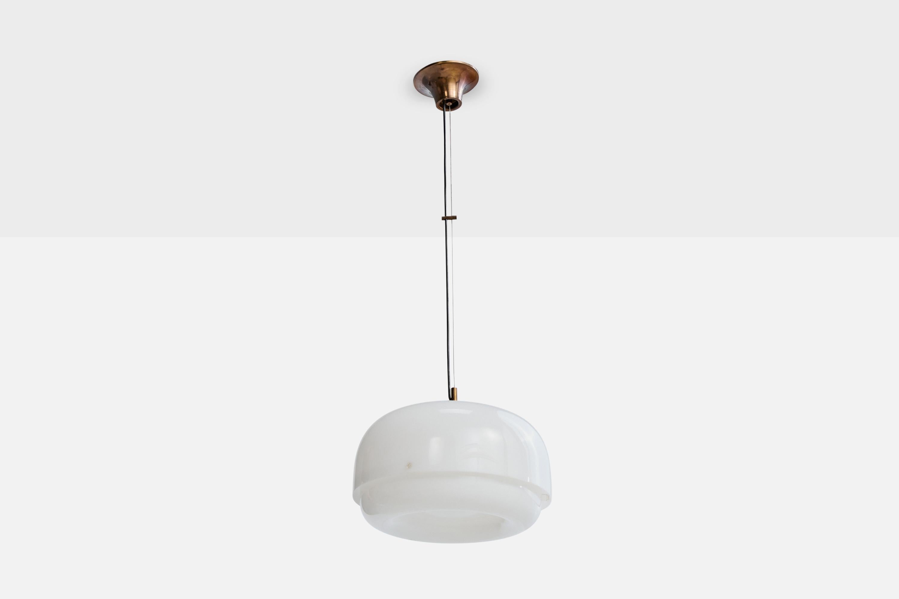A white acrylic and brass pendant light designed by Luigi Massoni and produced by Harvey Guzzini, Italy, c. 1970s.

Overall Dimensions (inches): 31.5