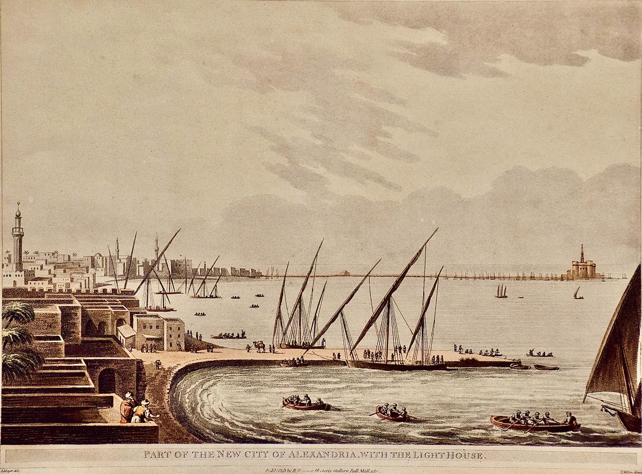 Alessandria d'Egitto e il faro: Un'acquatinta e un'incisione colorata a mano di L. Mayer - Print di Luigi Mayer