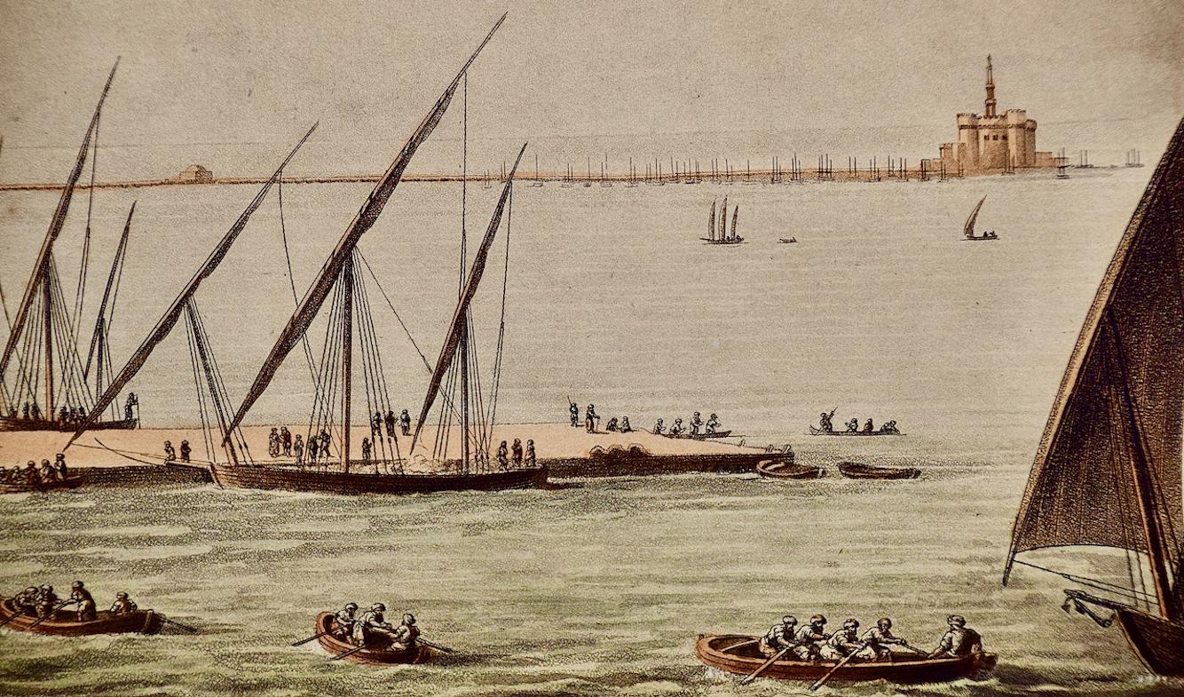 Alessandria d'Egitto e il faro: Un'acquatinta e un'incisione colorata a mano di L. Mayer - Landscape Print Beige di Luigi Mayer