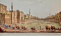 Cairo avec le palais de Murad Bey : aquatinte et gravure colorées à la main par L. Mayer