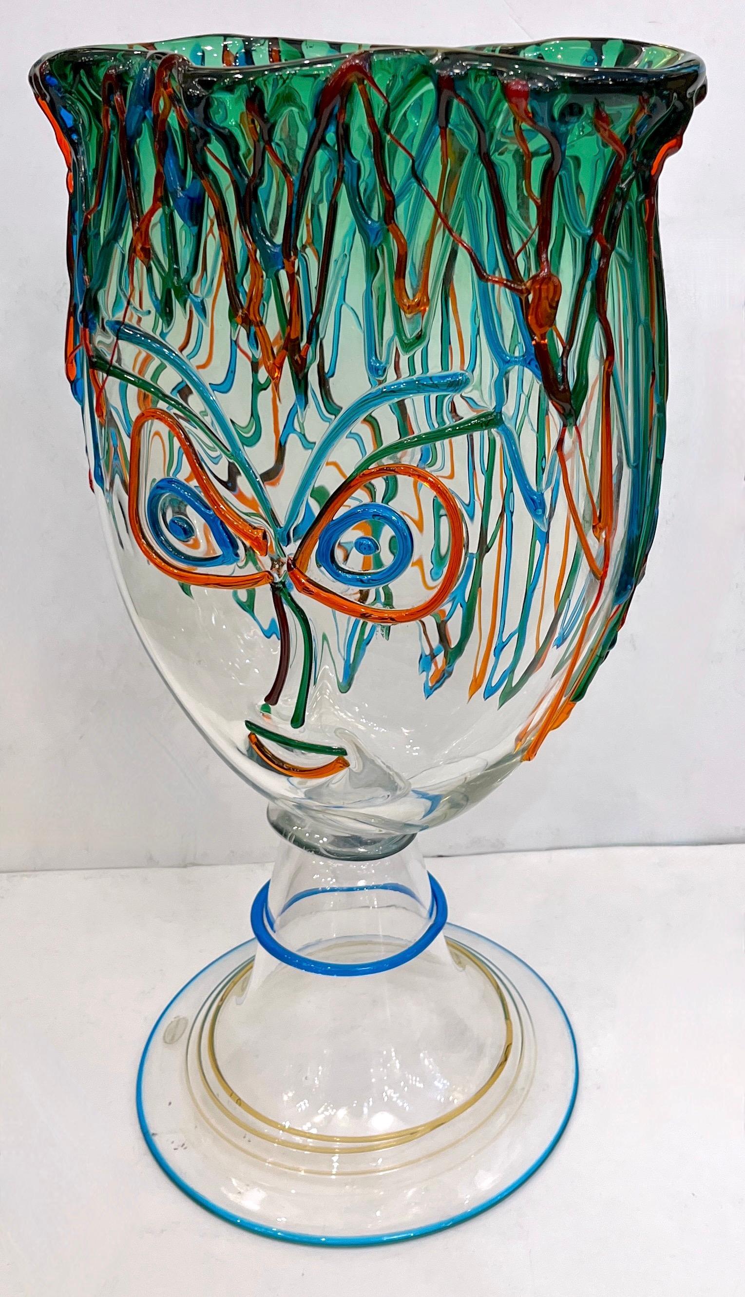 Luigi Mellara Picasso Homage Italian Green Blu Murano Glass Face Vase Sculpture For Sale 3