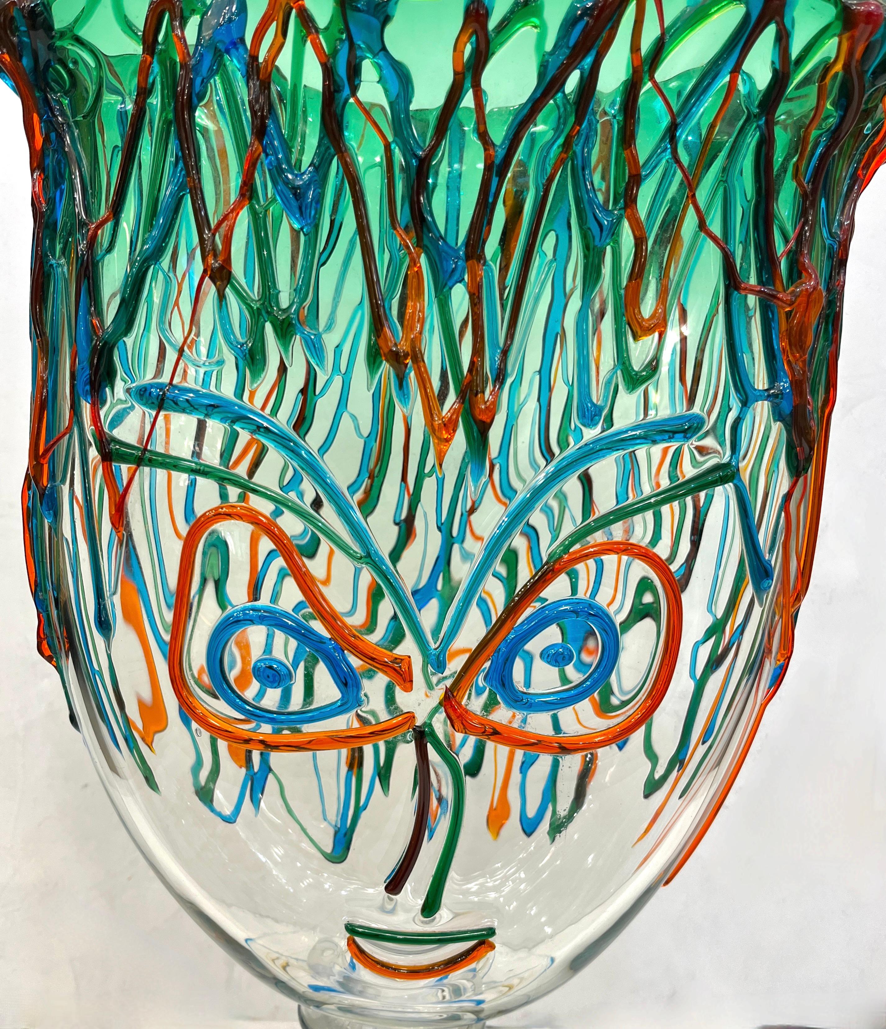 Luigi Mellara Picasso Homage Italian Green Blu Murano Glass Face Vase Sculpture For Sale 4
