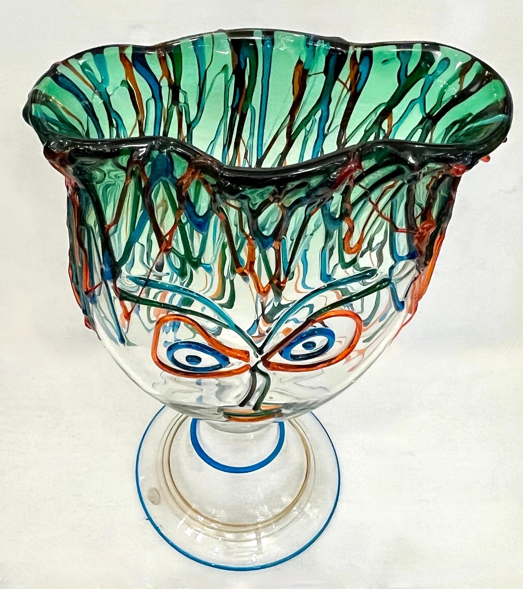 Post-Modern Luigi Mellara Picasso Homage Italian Green Blu Murano Glass Face Vase Sculpture For Sale